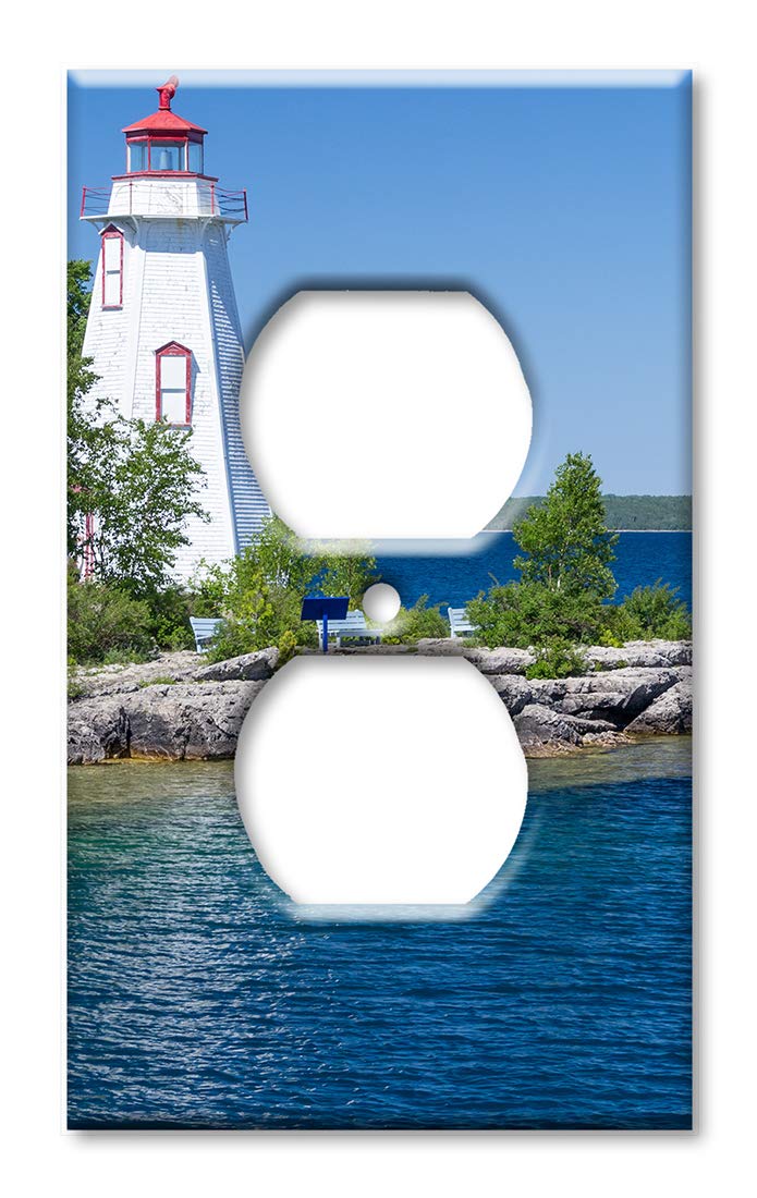 Oversized Art Plates - Jumbo Outlet Cover - Extra Large Switch Plate - Red and White Lighthouse Design - Made in USA - Perfect for Coastal Home Decor & Nautical Themed Rooms