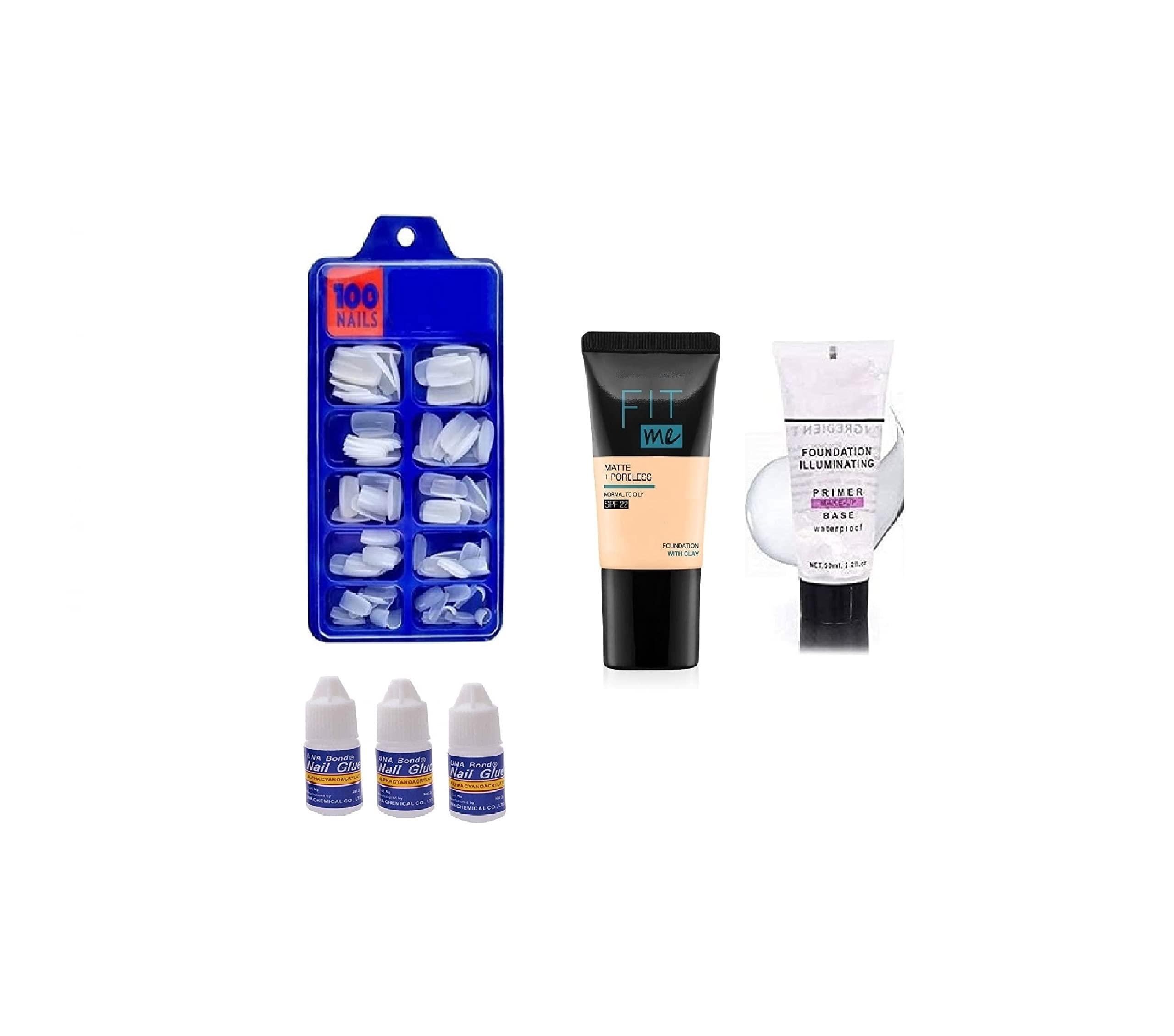 100 Pcs Fake Nails Kit with 3 Nail Glues, 18ml Foundation & 50ml Primer - Full Set for Acrylic Nail Extensions, DIY Manicure at Home, Salon Quality False Nails for Parties & Special Occasions