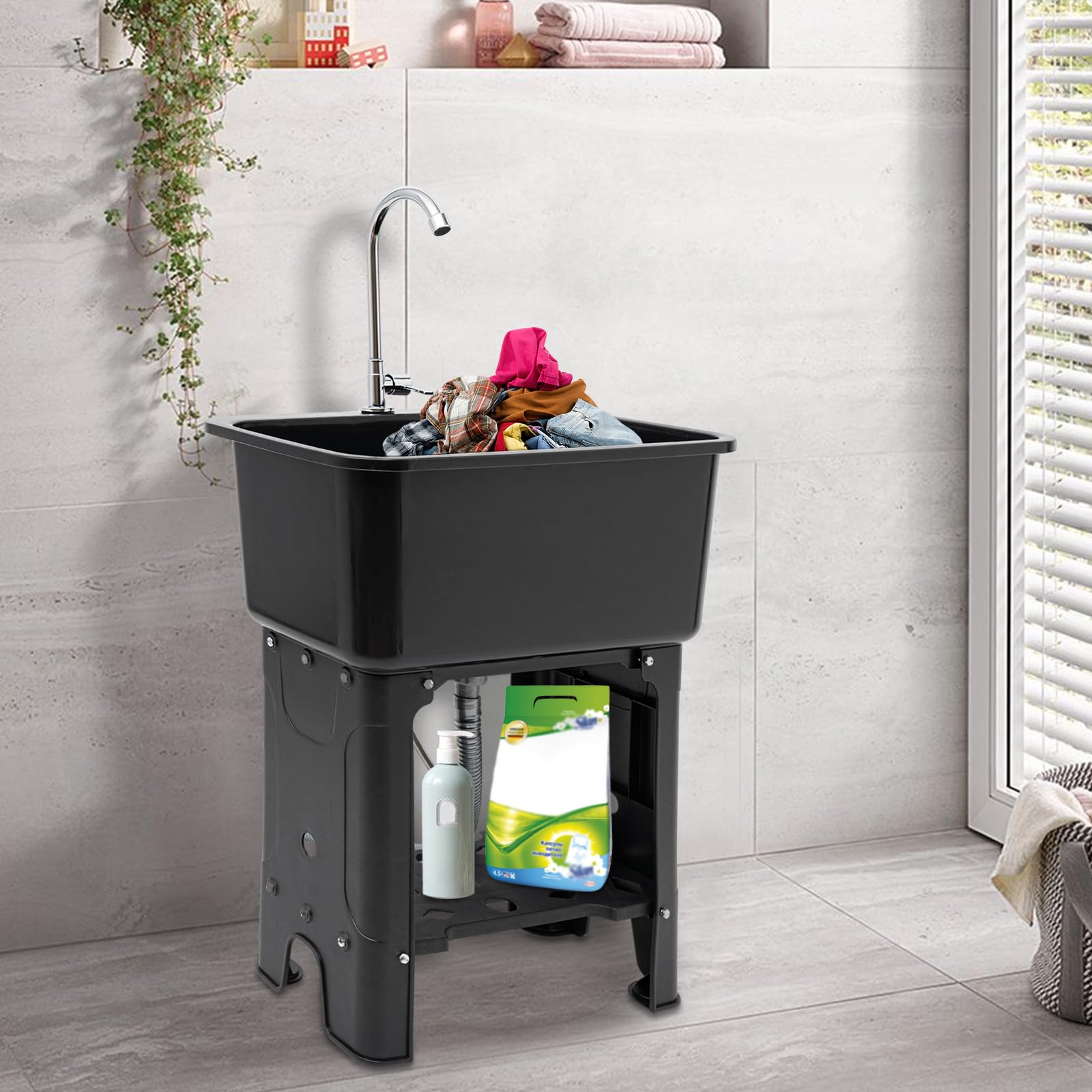 Utility Sink Laundry Tub with 360° Rotating Faucet - Heavy Duty Indoor/Outdoor Freestanding Sink with Drain Kit & Hoses - Perfect for Laundry Room, Garage, Garden & Workshop Cleaning