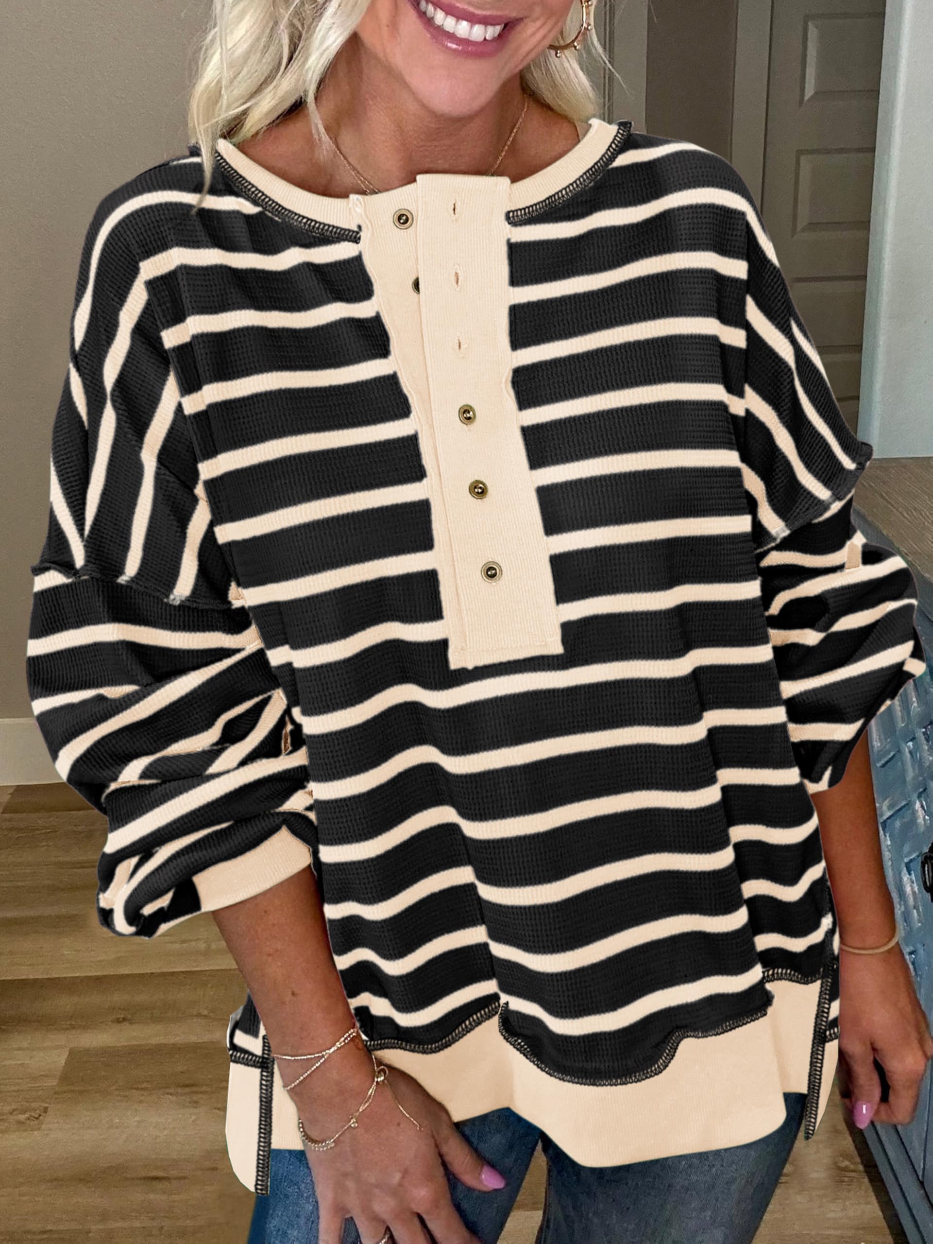 PRETTYGARDEN Women's Striped Oversized Sweatshirt - Long Sleeve Henley Neck Waffle Knit Pullover Tunic Top for Fall 2025 | Casual Outfit, Layering Piece & Cozy Loungewear