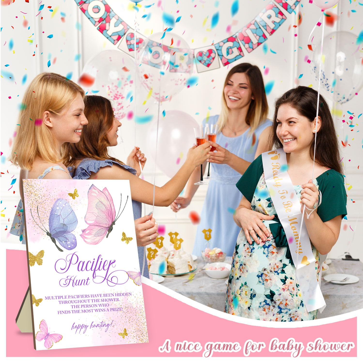 Baby Shower Pacifier Hunt Game Set - 50 Pink Acrylic Pacifiers with Fantasy Butterfly Design for Gender Reveal & Baby Shower Party Games - Perfect for Indoor/Outdoor Baby Celebrations & Nursery Decor