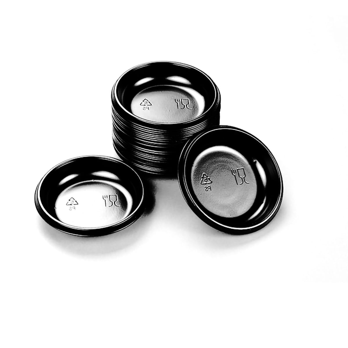 100-Pack Black Plastic Disposable Sauce Dishes - Round Dipping Bowls for Sushi, BBQ, Ketchup, Mustard & Soy Sauce - Perfect for Restaurants, Parties & Takeout Meals