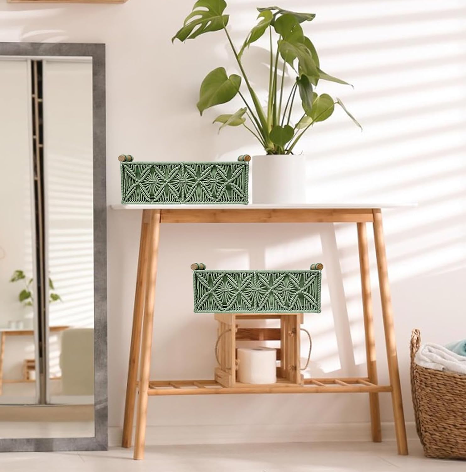 Macrame Boho Decor Baskets - Set of 2 Green Woven Storage Baskets for Home Organization | Perfect for Countertop, Toilet Paper, Tank Top Storage in Bedroom, Nursery, Living Room & Entryway Decor