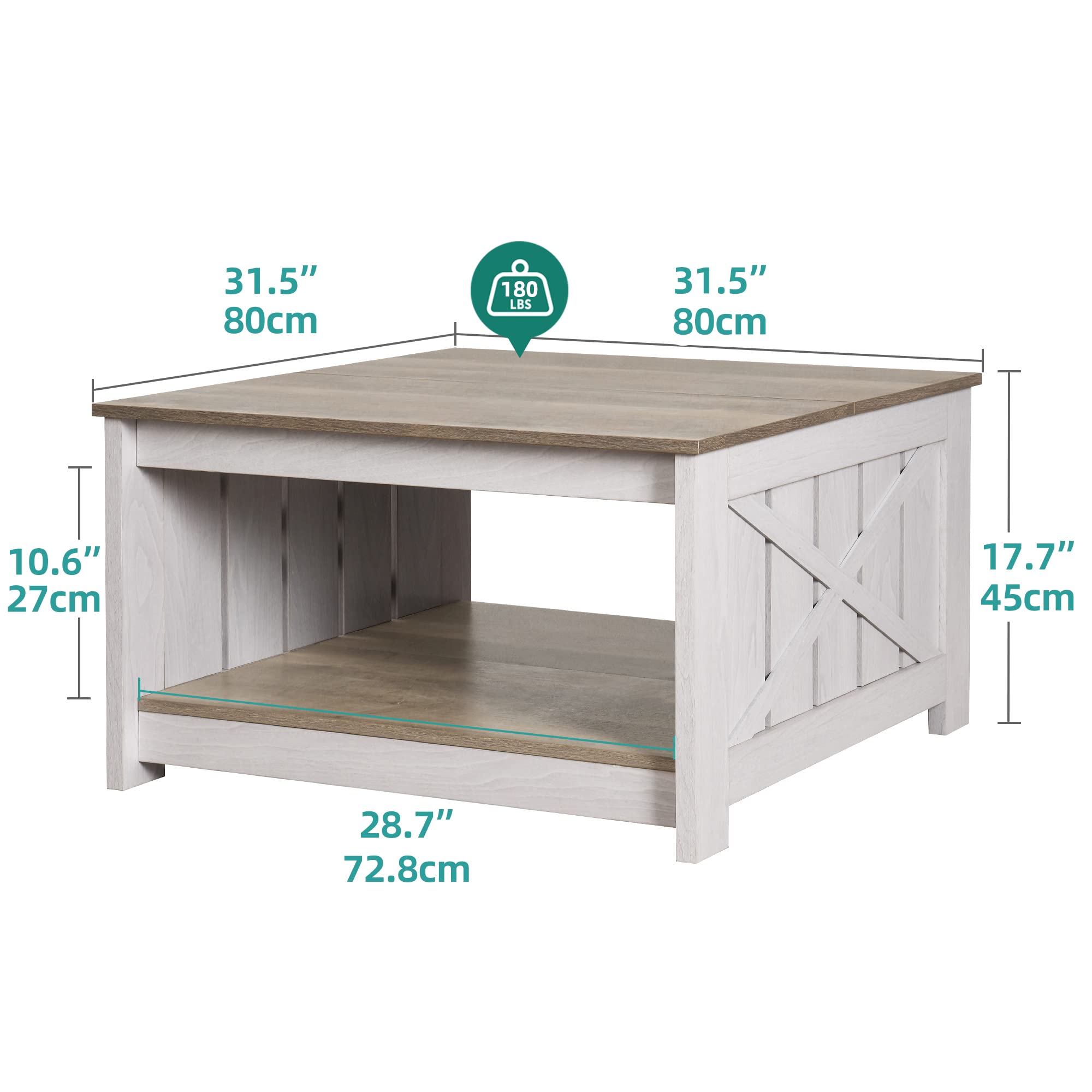Farmhouse Coffee Table with Storage - Rustic Wood Cocktail Table, Square Living Room Table with Half-Open Compartment for Living Room, Meeting Room & Office - Grey Wash Finish | Perfect for Home Decor, Entertaining Guests & Small Space Organization