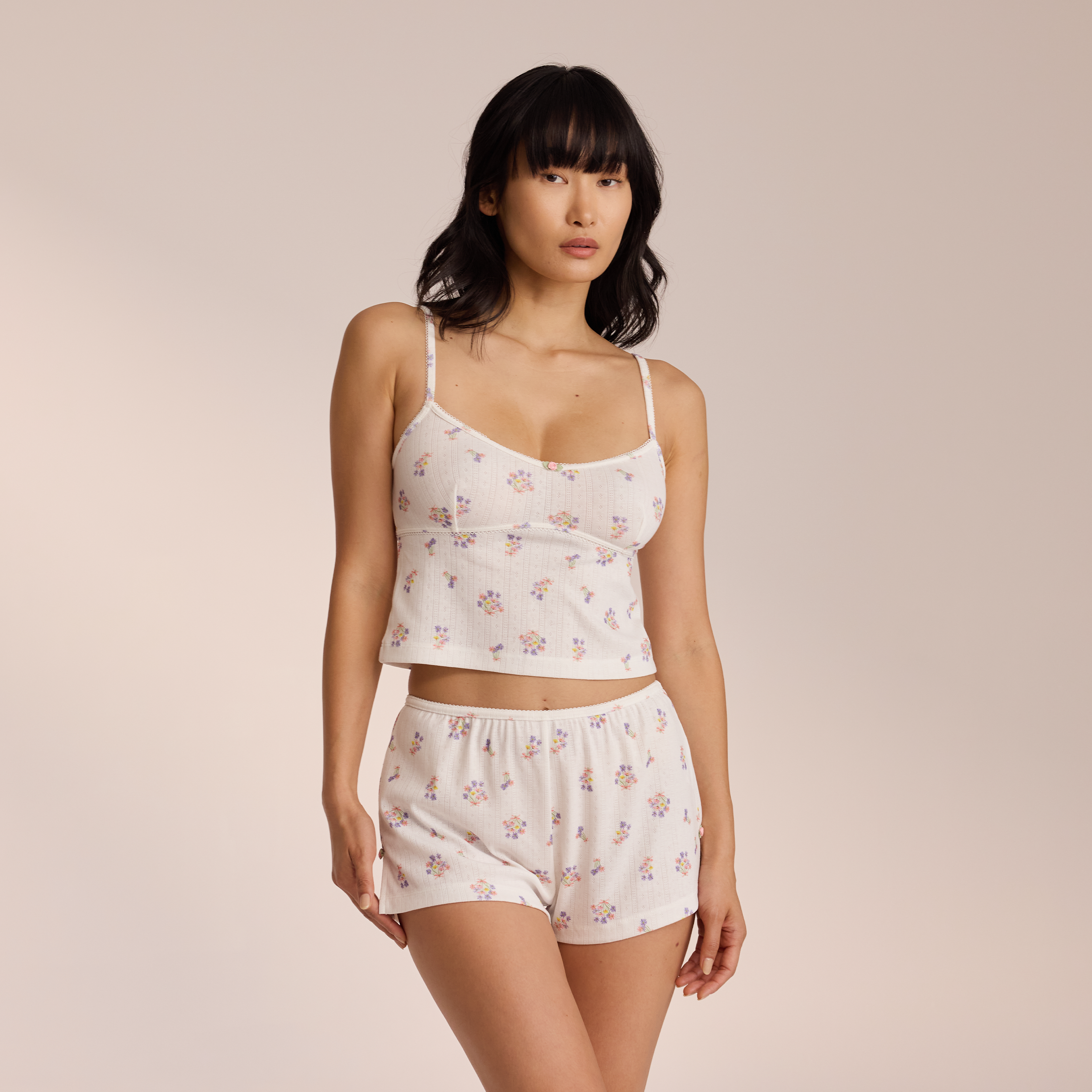Pointelle Cami Sleepwear Top - White Floral Lace Pajama for Women | Comfortable Nightwear for Relaxing at Home or Travel