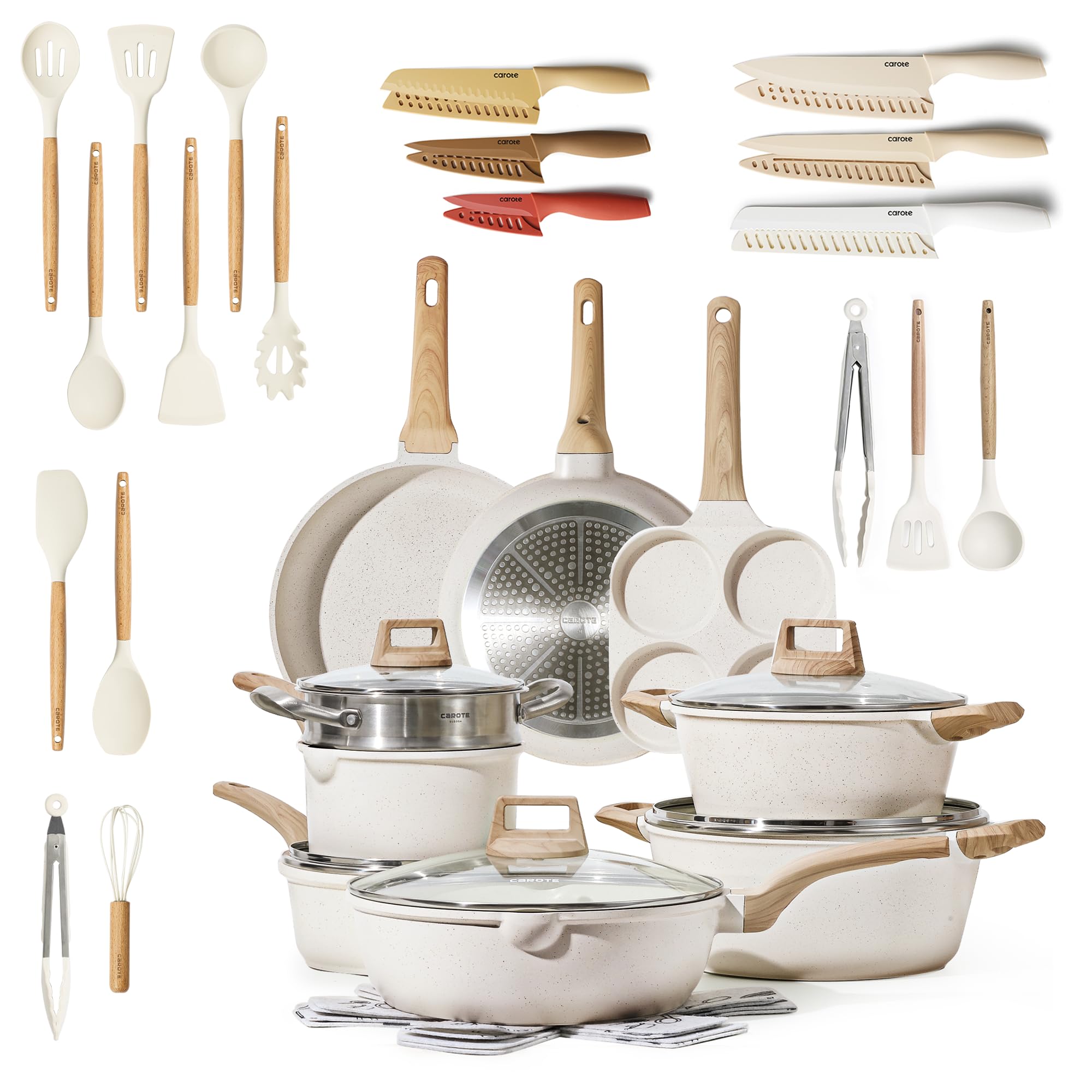 CAROTE 21-Piece Nonstick Cookware Set with Induction Compatibility - Includes 10-Piece Silicone Kitchen Utensils & 12-Piece Knife Set - Perfect for Home Cooking, Professional Kitchens & Gift Giving