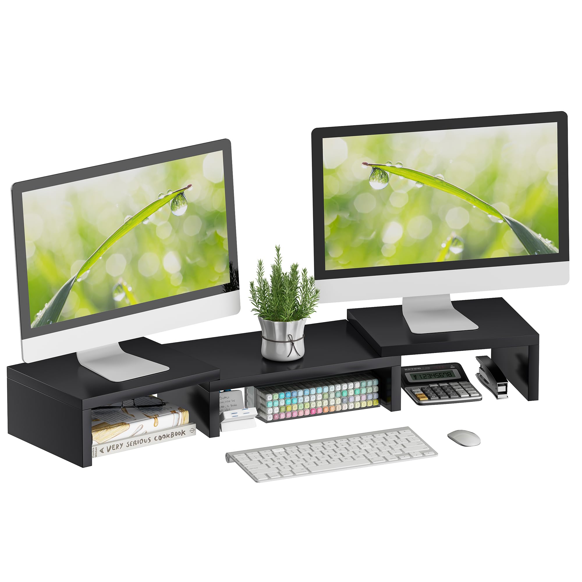 SUPERJARE Dual Monitor Stand Riser - Adjustable Length & Angle Desktop Organizer for Laptop, Computer, TV, PC, Printer (Black) - Perfect for Home Office, Gaming Setup & Workspace Organization