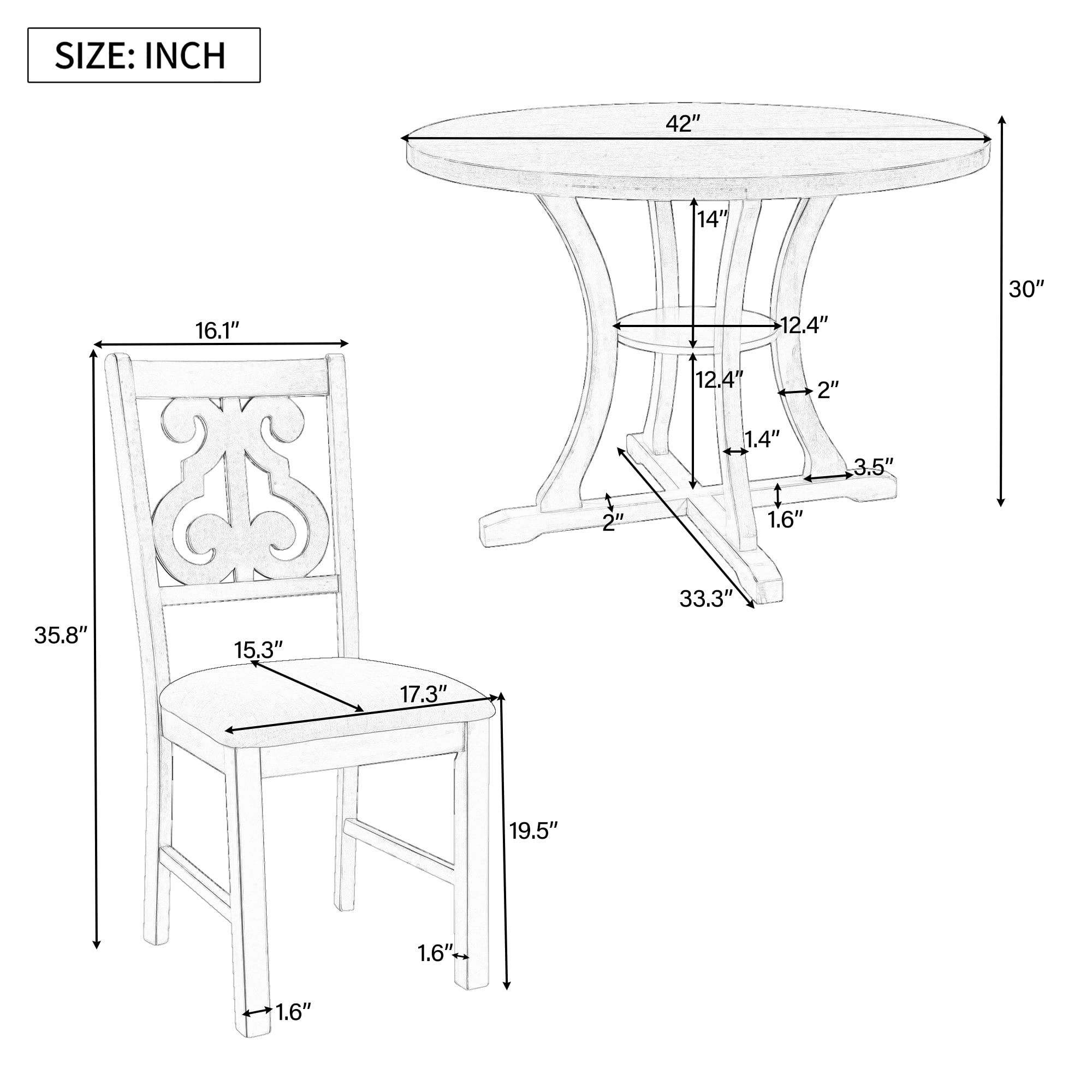 Polibi 5-Piece Round Wooden Dining Table Set with Unique Shaped Legs & 4 Elegant Hollow Back Chairs - Gray Modern Kitchen & Dining Room Furniture for Family Gatherings & Dinner Parties