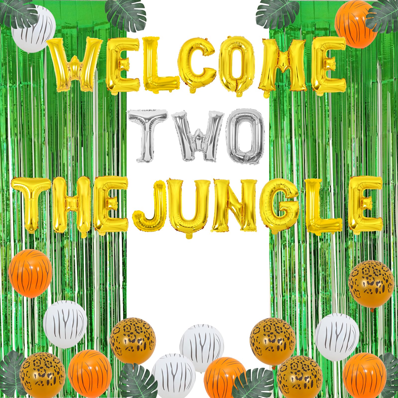 Jollyboom Safari Themed 2nd Birthday Decorations - Animal Balloons, Green Artificial Palm Leaves for Wild Jungle Party | Perfect for Kids' Birthday, Baby Shower & Safari Theme Events