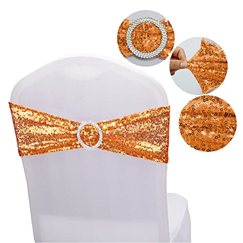 Sparkling Sequin Chair Sashes - Pack of 20 Stretch Spandex Chair Bands with Buckle for Wedding, Banquet, Birthday, Graduation Party Decor - Elegant Anniversary & Prom Celebration Chair Decor (Orange, 20pcs) - Perfect for Adding Glamour to Special Events & Photo Backdrops