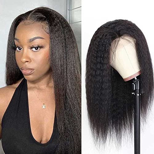 13X4 Kinky Straight Lace Front Wigs Human Hair for Black Women - 16 Inch Glueless Pre Plucked Hairline with Baby Hair, 150% Density Yaki Straight Lace Wigs Natural Black Color | Perfect for Daily Wear, Cosplay, and Special Occasions