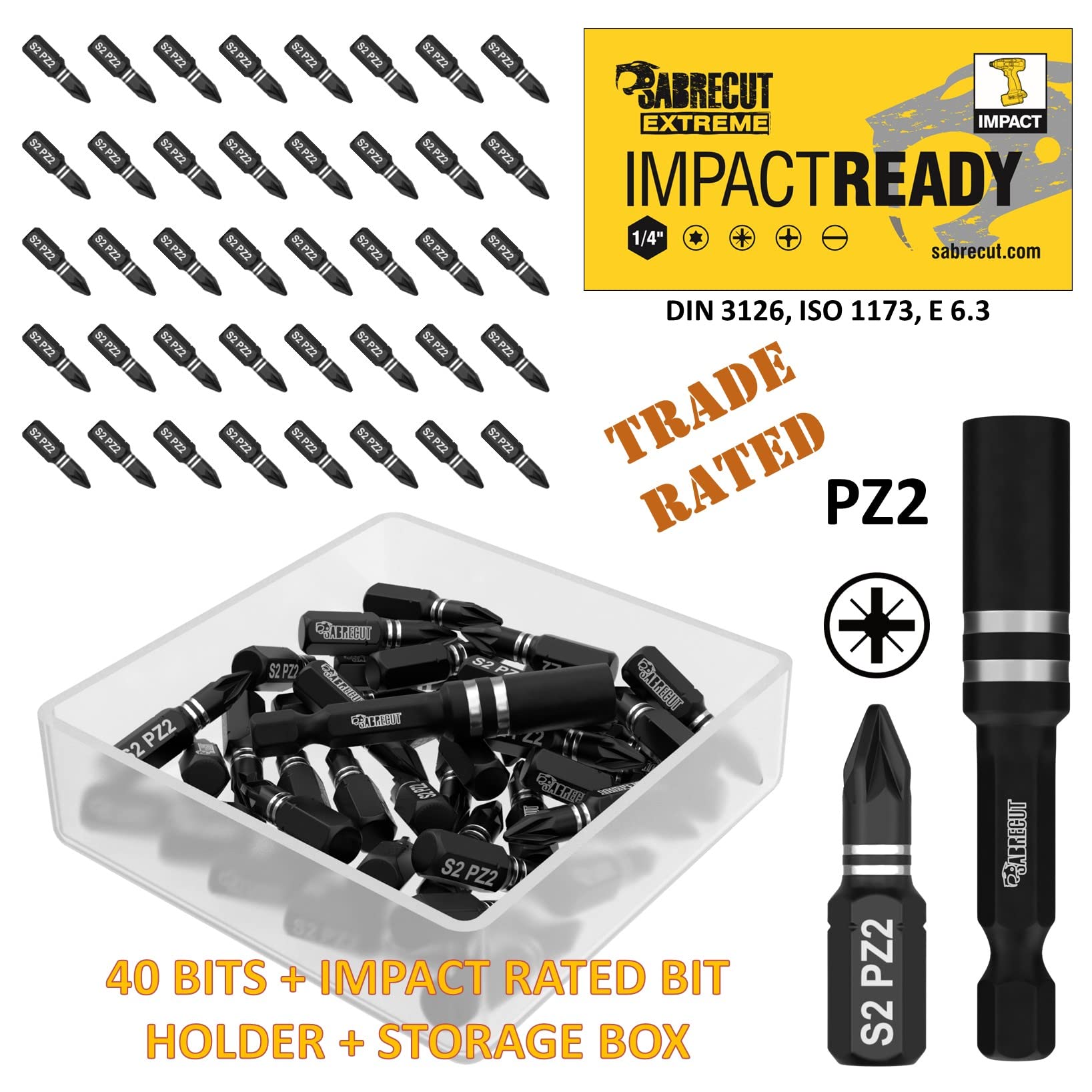 SabreCut SCPA25_41 41-Piece Impact Screwdriver Bit Set - 25mm PZ2 Pozidriv #2 Single-End Heavy Duty Bits with Bit Holder & Storage Case - Ideal for Construction, Automotive, and DIY Projects