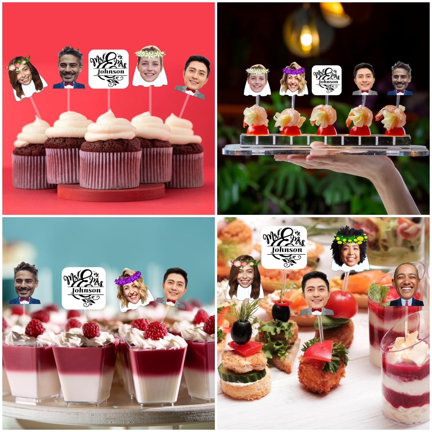 20PCS Custom Bride and Groom Cupcake Toppers | Personalized Wedding Cake Decorations | Bachelorette & Bachelor Party Cupcake Picks | Mr & Mrs Veil Flower Crown Suit Food Toppers for Wedding, Engagement, Bridal Shower, Anniversary Celebrations