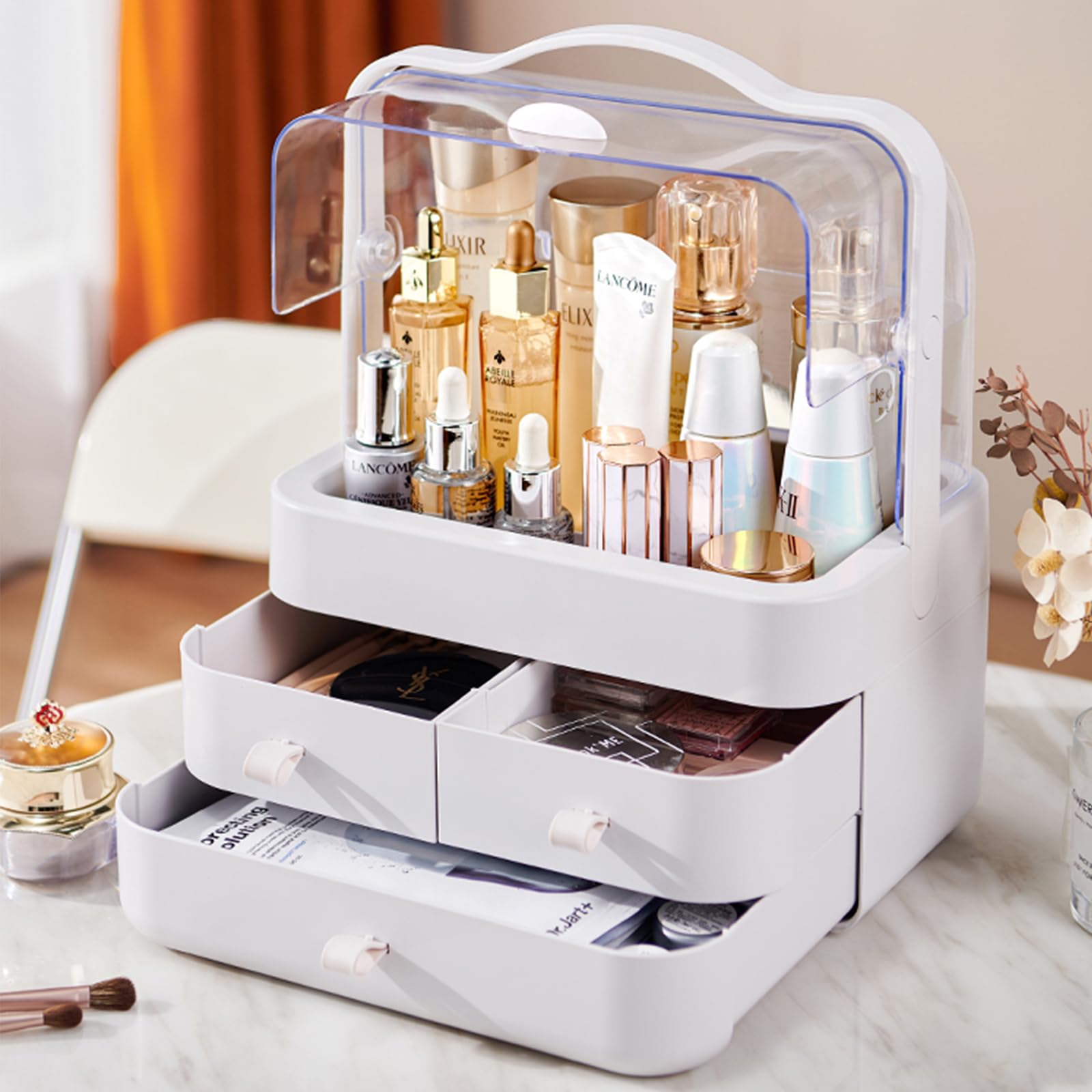 180° Rotating Makeup Organizer with Transparent Lid & Drawers - Large Capacity Cosmetic & Perfume Storage for Vanity, Bathroom, Bedroom - White | Perfect for Makeup Artists & Beauty Enthusiasts