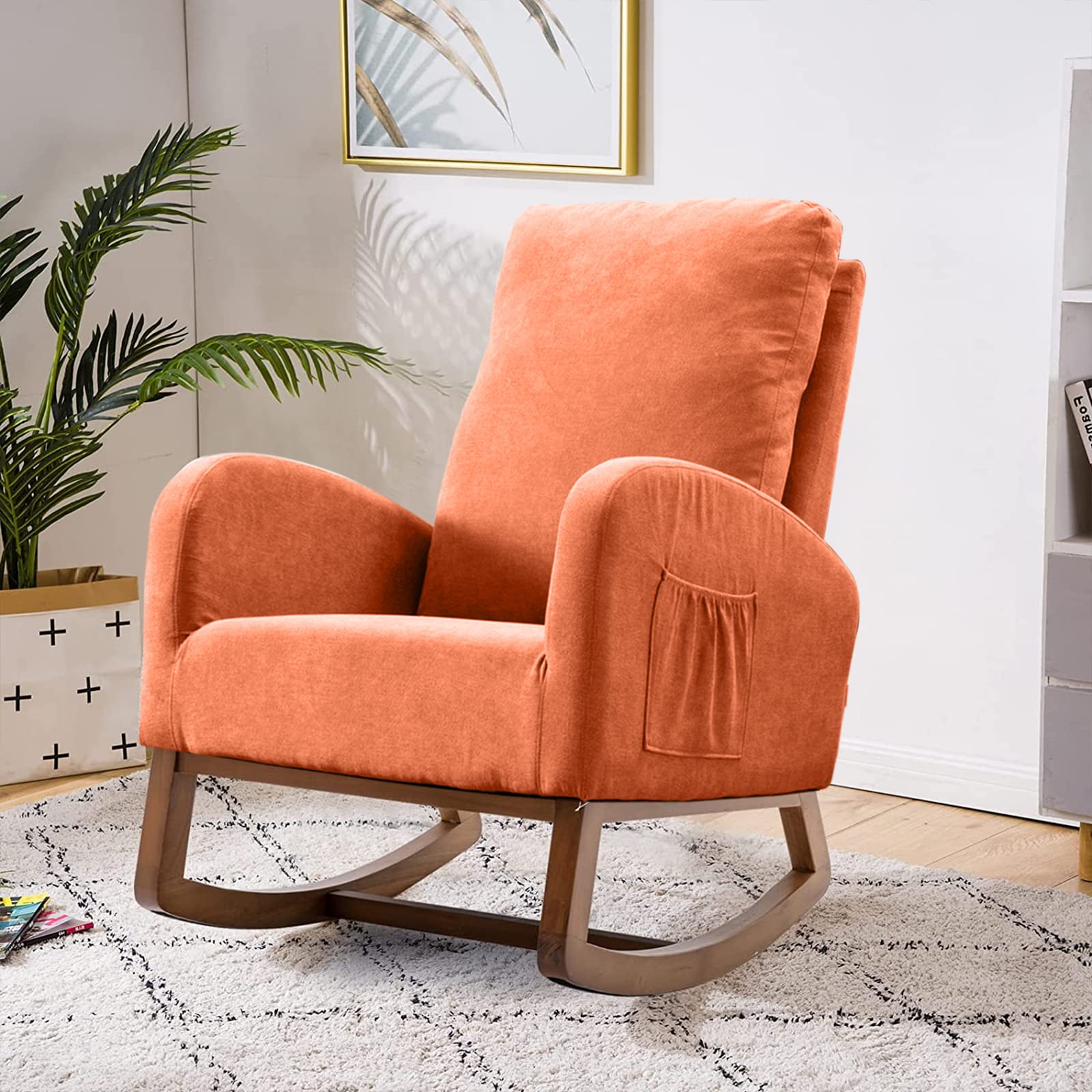 SSLine Upholstered Rocking Chair - Modern Fabric Rocking Armchair with Comfortable Cushion for Nursery, Living Room, Bedroom, Study & Office - Perfect for Relaxation, Nursing & Reading (Orange)