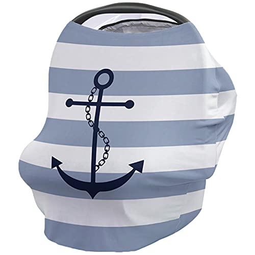 **Nautical Anchor Sky Blue & White Striped Baby Car Seat Cover - Soft, Breathable, Stretchable Fabric for Newborns (26x27.6 Inch) - Adjustable Nursing & Breastfeeding Cover for Boys & Girls - Perfect for Travel, Stroller & Car Safety**