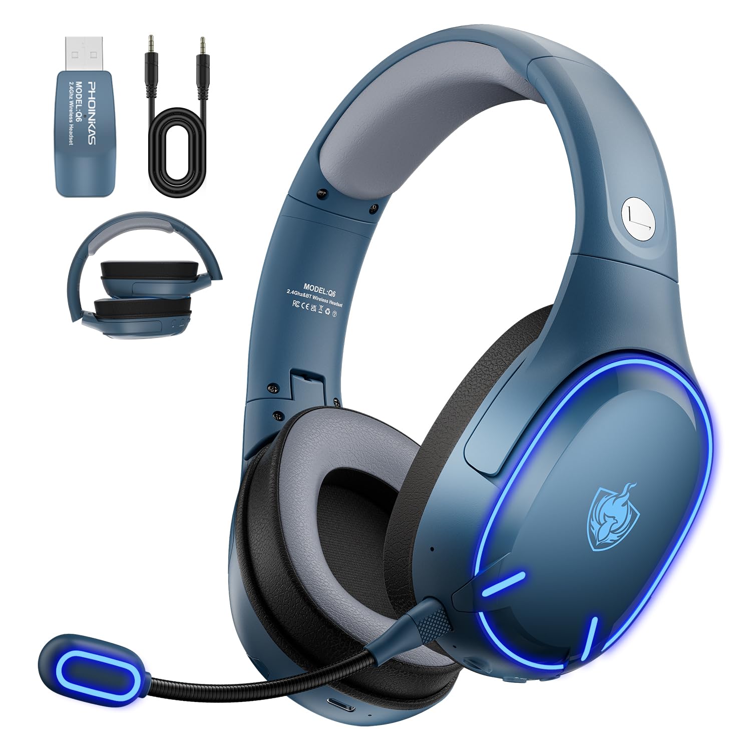 PHOINIKAS 2.4GHz Wireless Gaming Headset for PS5, PS4, PC - Bluetooth 5.3 Headphones with Noise Cancelling Mic, 7.1 Surround Sound, 30+ Hour Battery Life - Compatible with Nintendo Switch, Laptop, Mac (Blue) | Perfect for Competitive Gaming, Streaming & Online Meetings