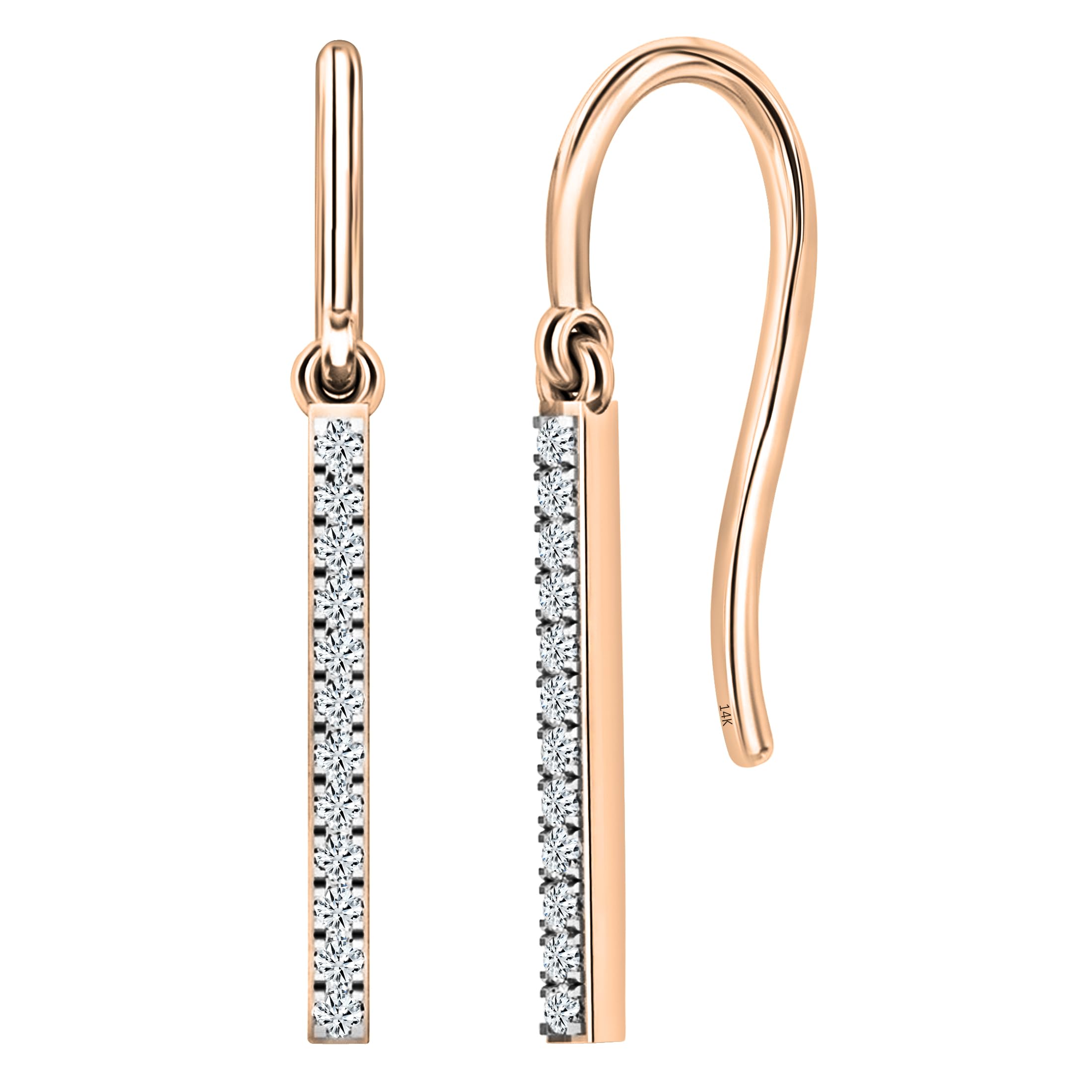 14K Solid Gold Round White Diamond Vertical Bar French Wire Dangle Earrings for Women | Dazzlingrock Collection | Elegant Jewelry for Parties, Weddings & Special Occasions