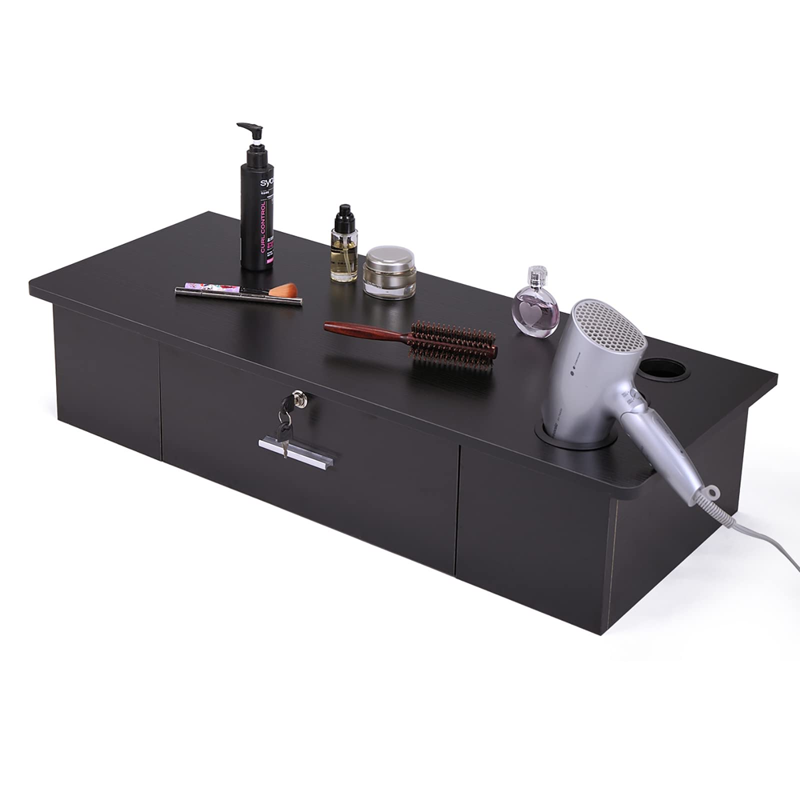 **Gecheer Classic Wall-Mounted Styling Station with Drawer & Tool Holes – Vanity & Dressing Table for Barber, Beauty & Spa Salons – Black – Perfect for Salon Organization & Styling**