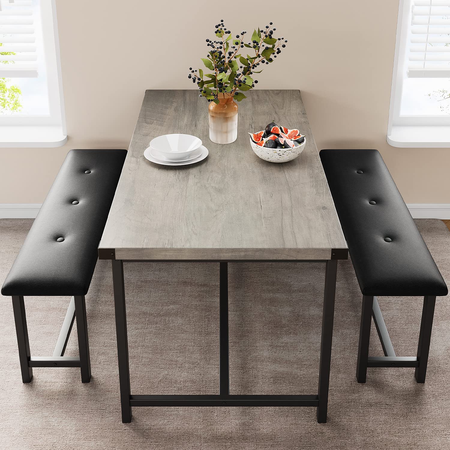 3-Piece Retro Gray Kitchen Table Set with 2 Upholstered Benches - Space-Saving Dining Table for 4, Perfect for Small Apartments, Studios & Compact Spaces | Ideal for Family Meals, Entertaining Guests & Cozy Dining