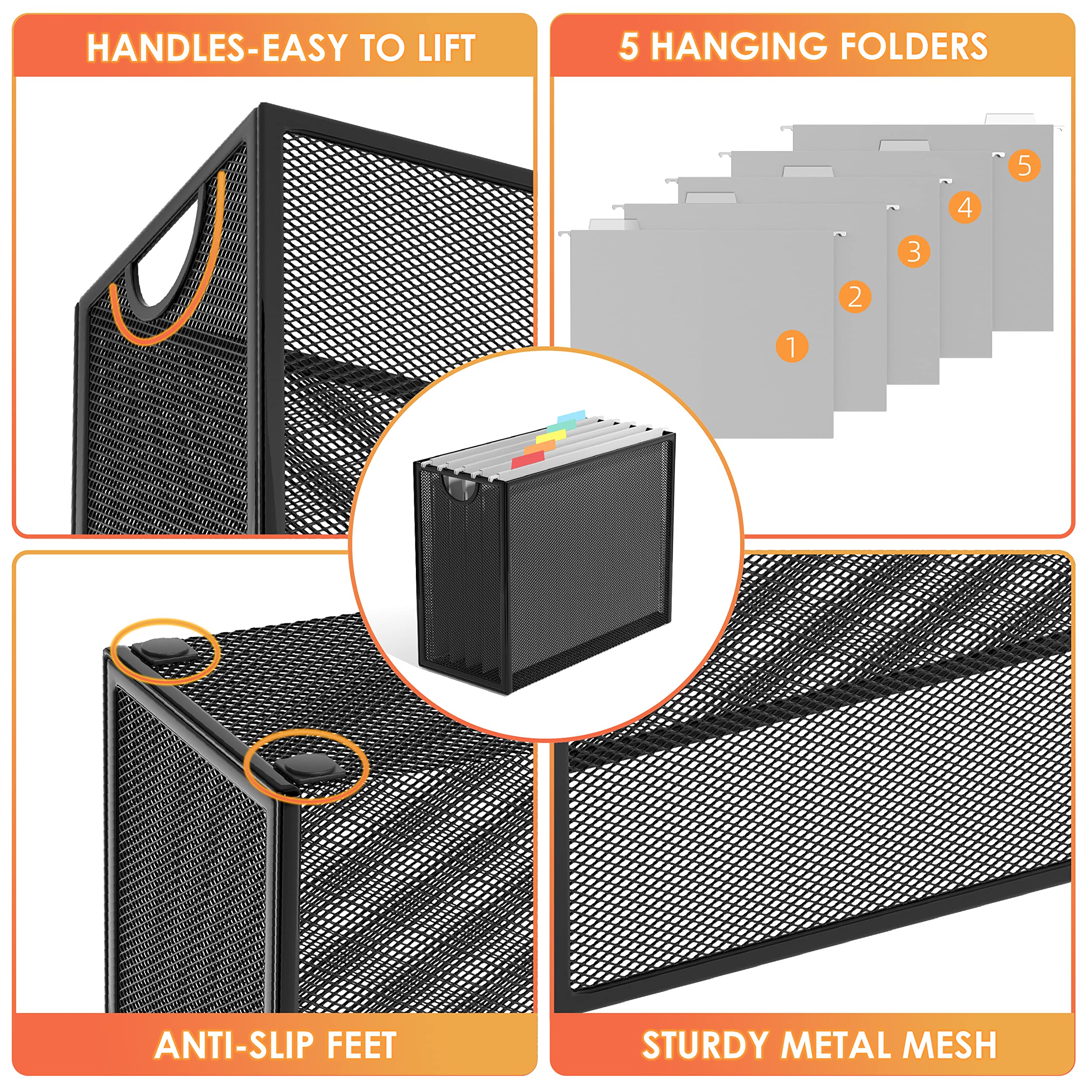 Sinboun Hanging File Organizer - Letter Size Metal Mesh File Holder with 5 Hanging Folders, No Assembly Required - Perfect for Office, Home & School Organization, Document Storage & Magazine Filing