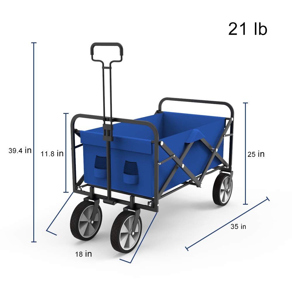 Foldable Utility Wagon Cart - Heavy Duty Collapsible Folding Wagon for Camping, Beach, Grocery Shopping, Gardening & Outdoor Activities - Blue