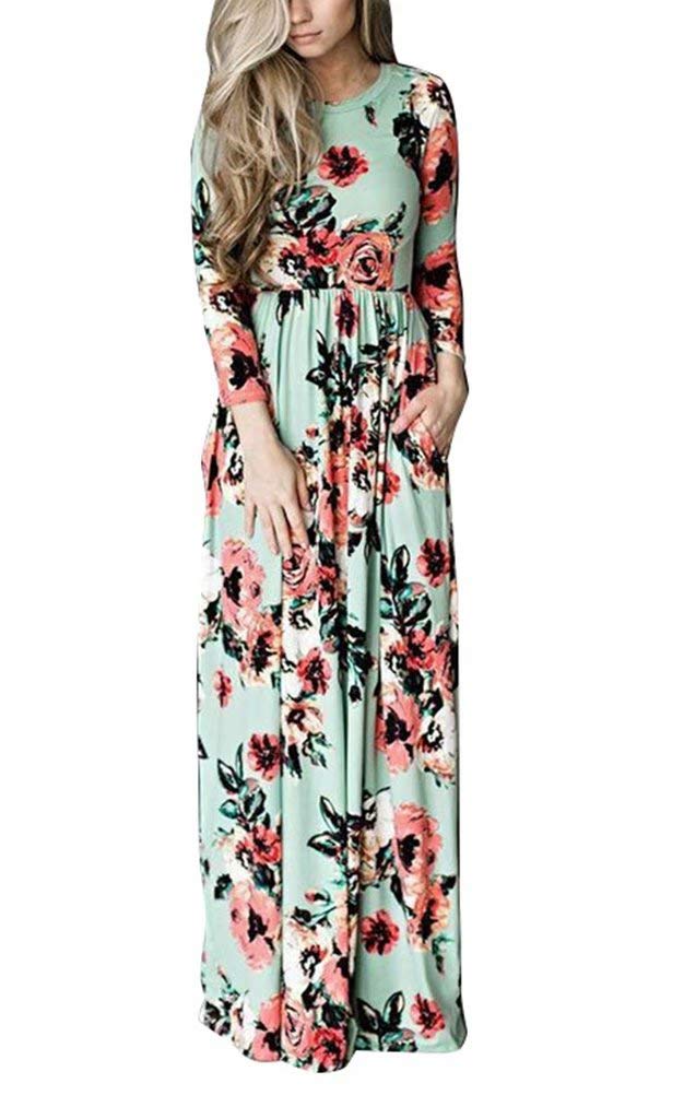 WearFun Women's Floral Print Maxi Dress - Boho 3/4 Sleeve High Waist Summer Dress with Pockets | Perfect for Beach Vacations, Music Festivals & Casual Outings