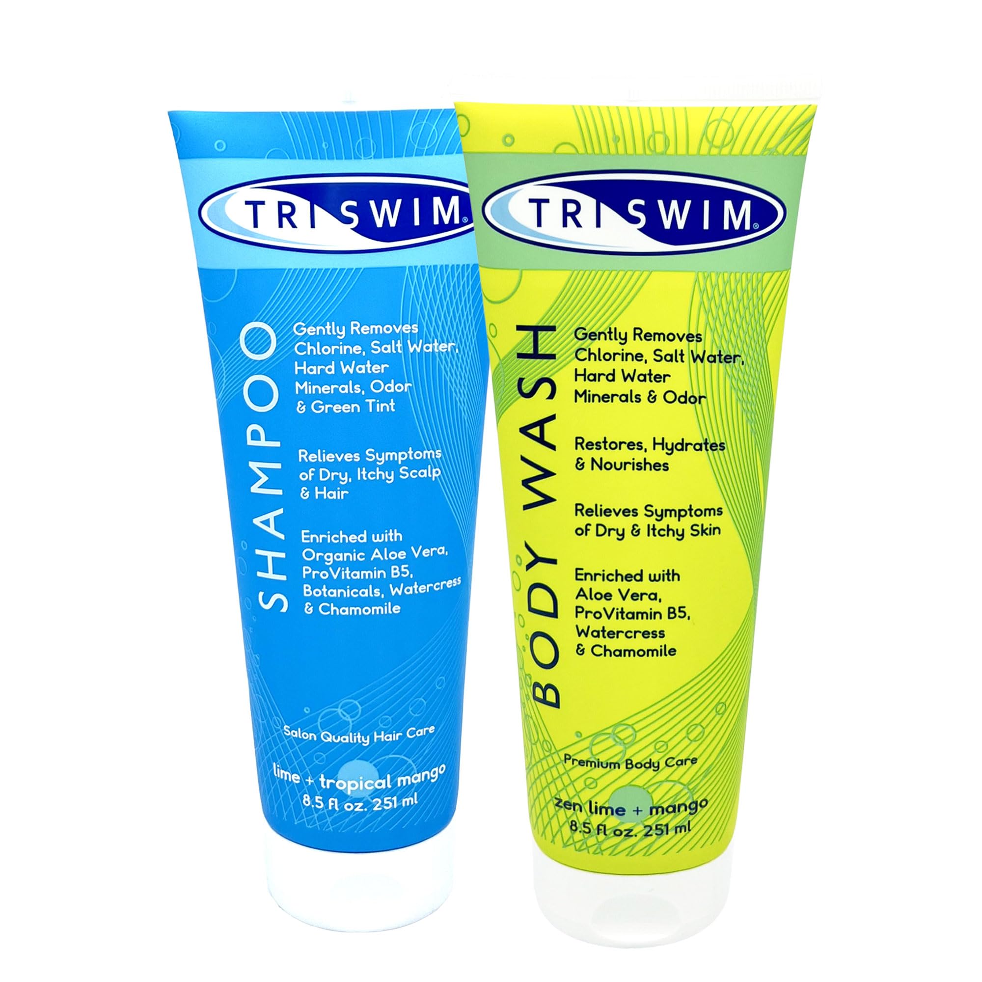 TRISWIM Chlorine Removal Body Wash & Swim Shampoo Set - 8.5 fl oz Each | Complete Swim Care Kit with Aloe Vera, Pro-Vitamin B5 & Chamomile | Hydrating Skin & Hair After Swimming | Post-Pool, Beach & Water Sports Use