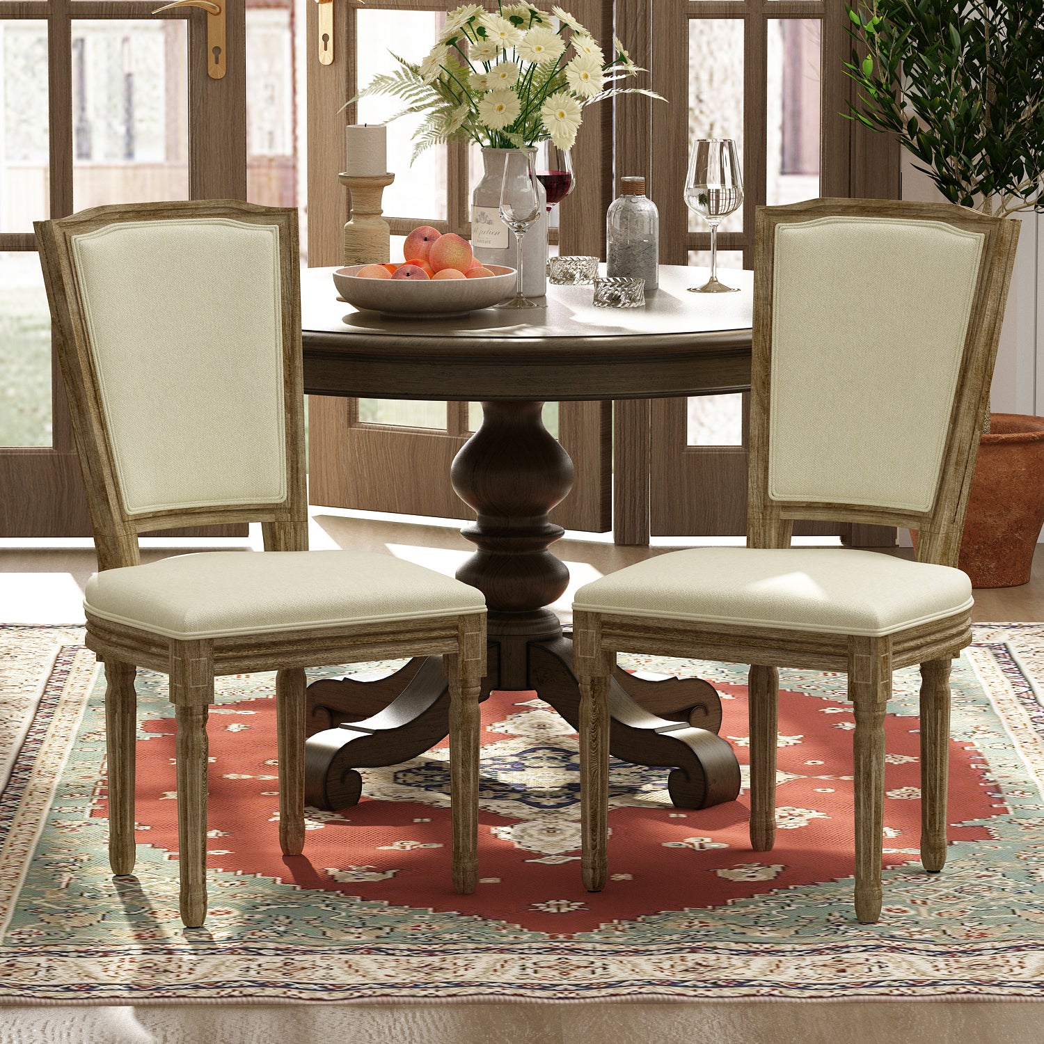 Comfortable Padded Dining Chairs Set of 2 - Solid Wood Flax Upholstered Seats for Kitchen, Dining Room & Breakfast Nook - Modern Farmhouse Style