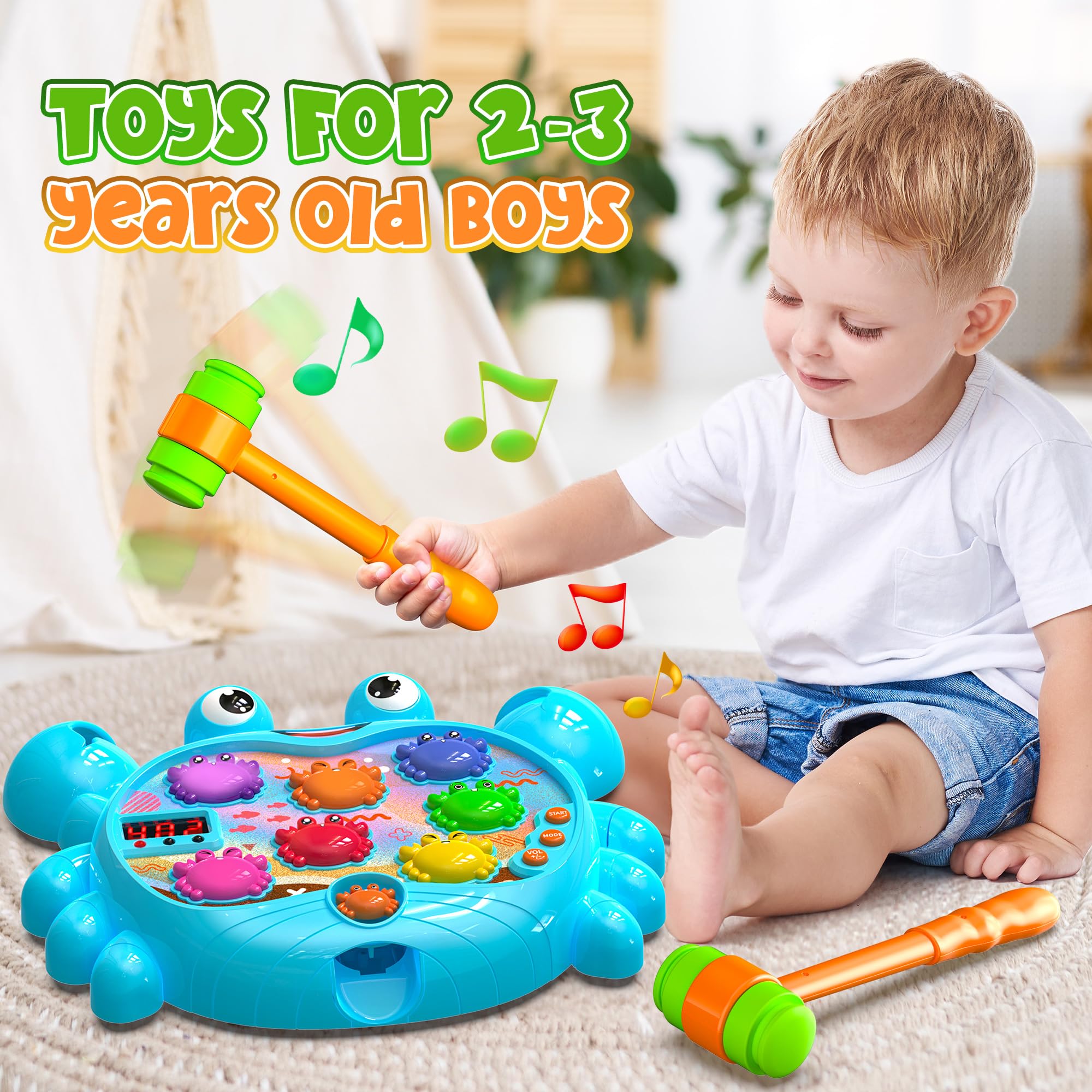HopeRock Toddler Toys for 2-4 Year Old Boys - Interactive Crab Toy with Music, Lights & Water Spray - Educational Learning Game with 2 Hammers - Perfect Birthday Gift for 2 Year Old Boys - Fun Outdoor & Indoor Play for Preschool Kids