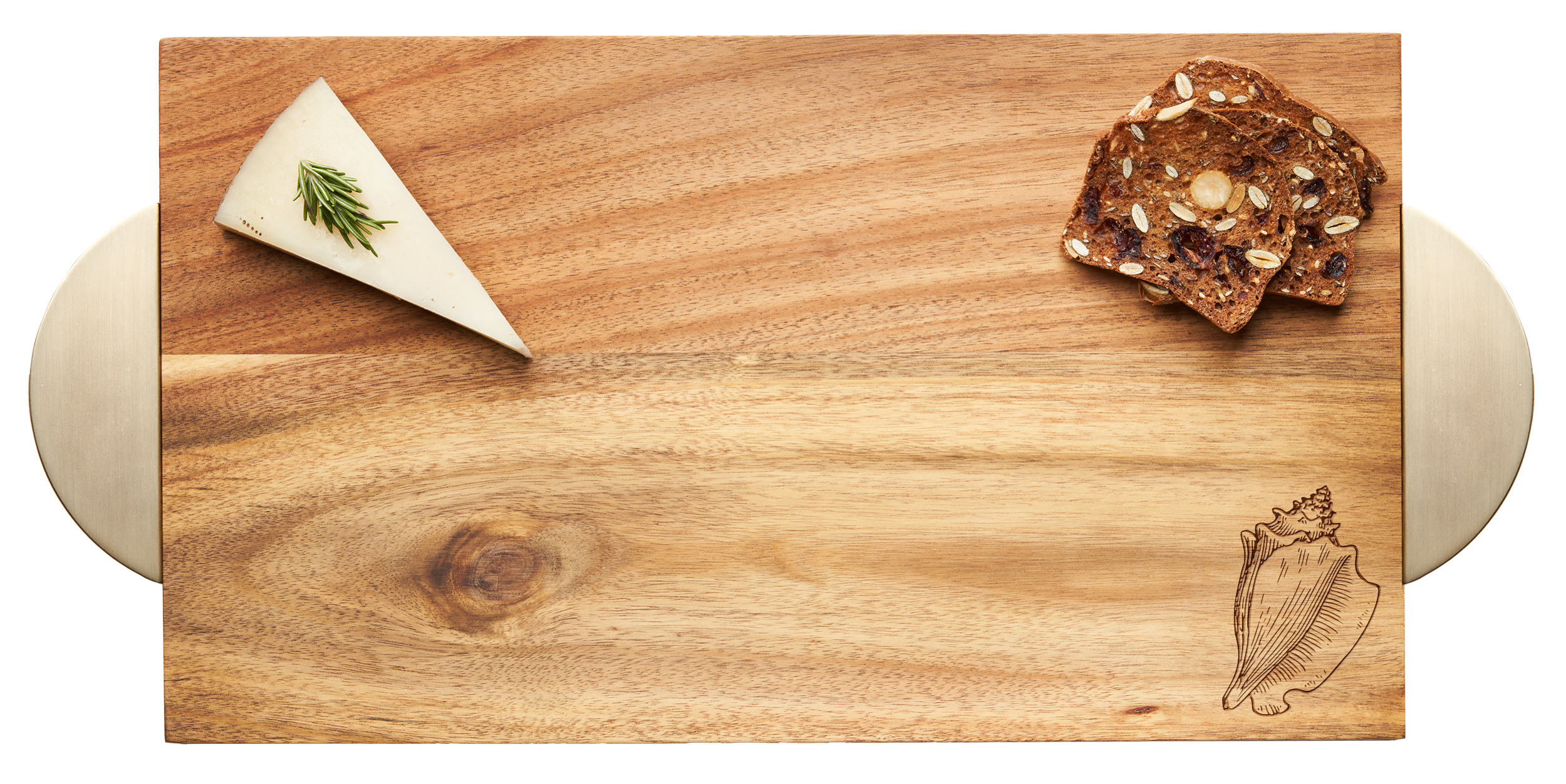 Acacia Wood Modern Rectangle Tray with Gold Handles | Conch Shell Design | 14 x 8 Inches | Perfect for Serving, Home Decor & Coastal-Themed Parties