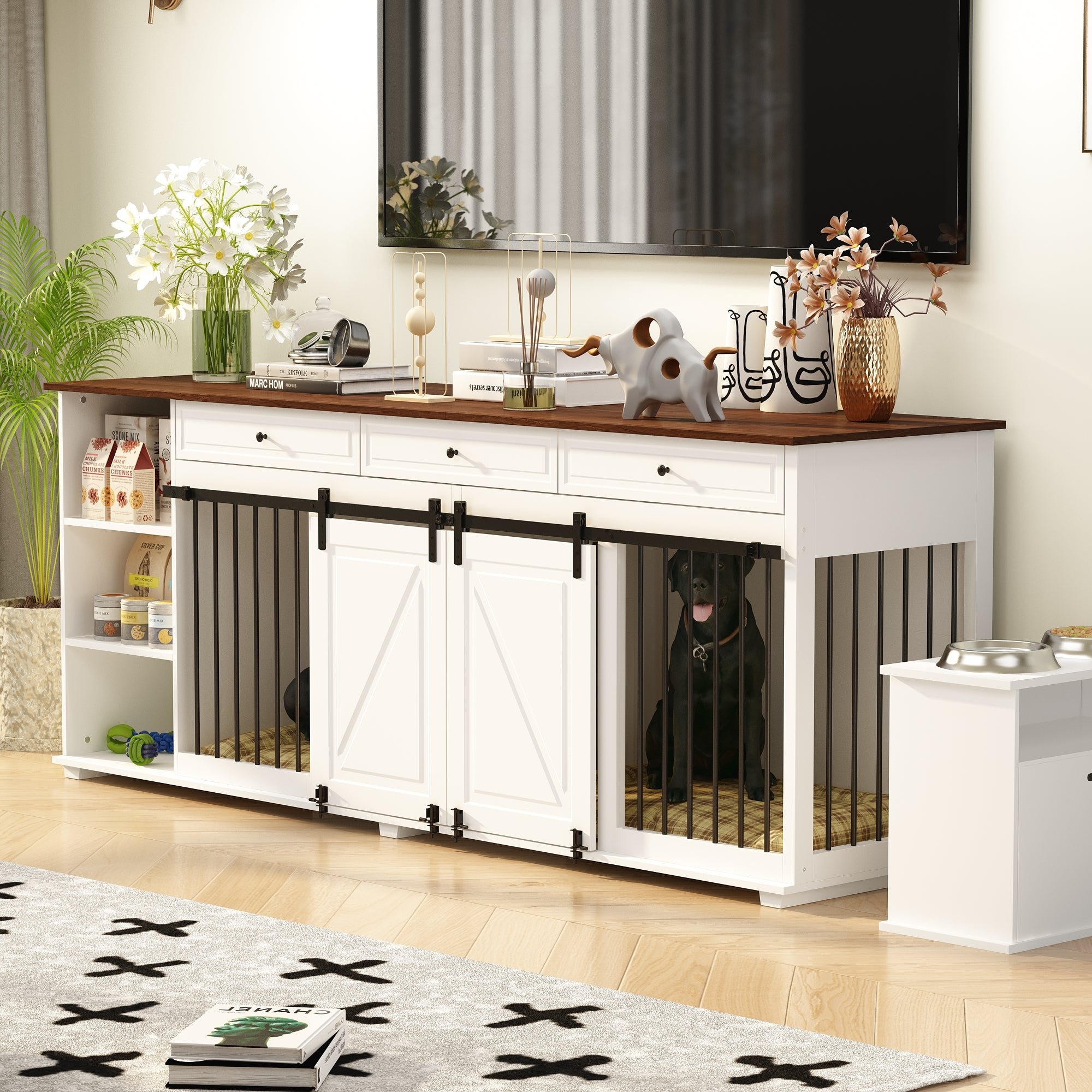 Stylish Large Dog Crate Furniture with 3 Storage Drawers & 4 Compartments - Perfect for Living Room, Bedroom or Office Pet Space Organization