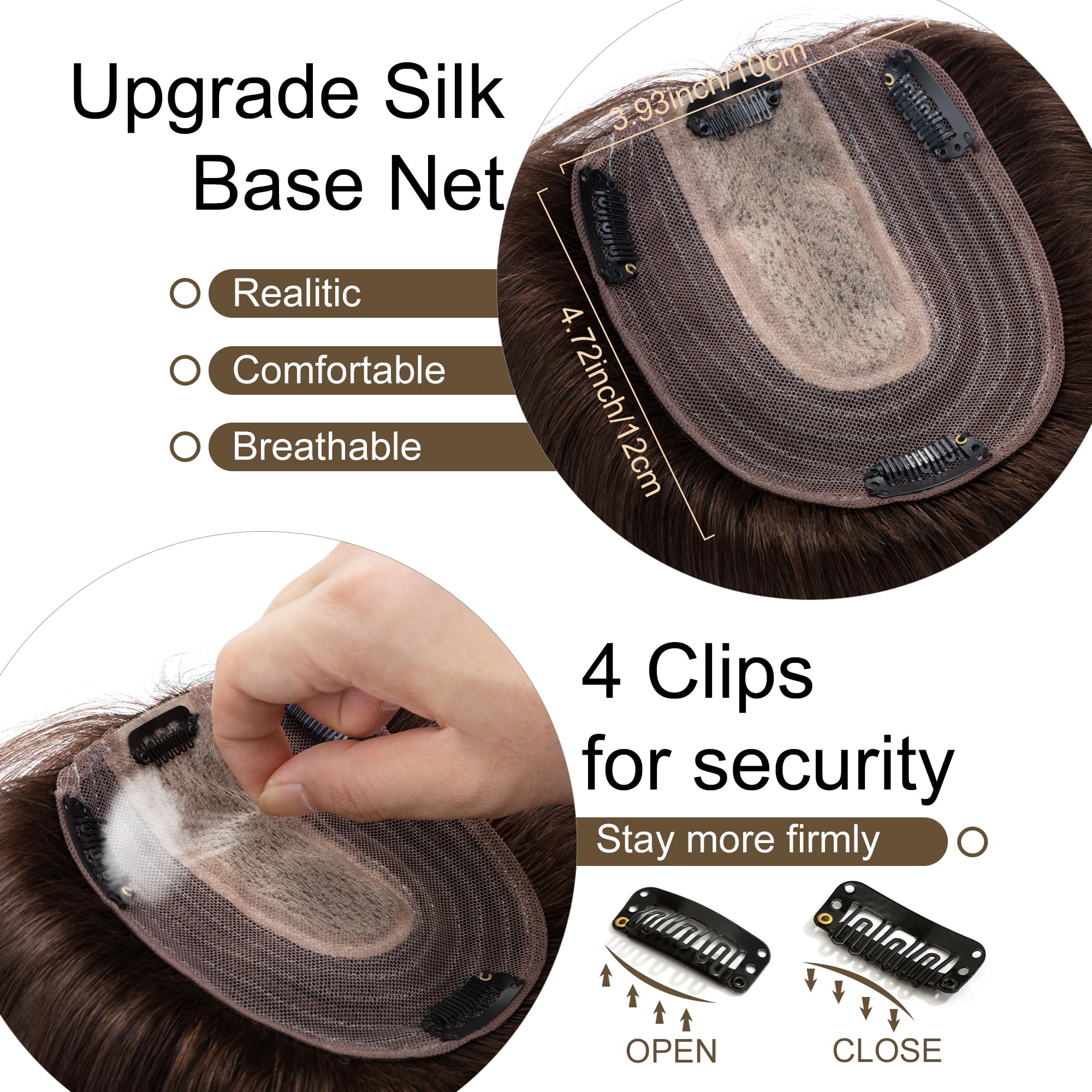SEGO 100% Remy Human Hair Toppers for Women - No Bangs, 130% Density, 10x12cm Silk Base, Clip-in Top Wiglet for Thinning Hair - 12 Inch Dark Brown | Perfect for Daily Wear, Parties & Special Occasions
