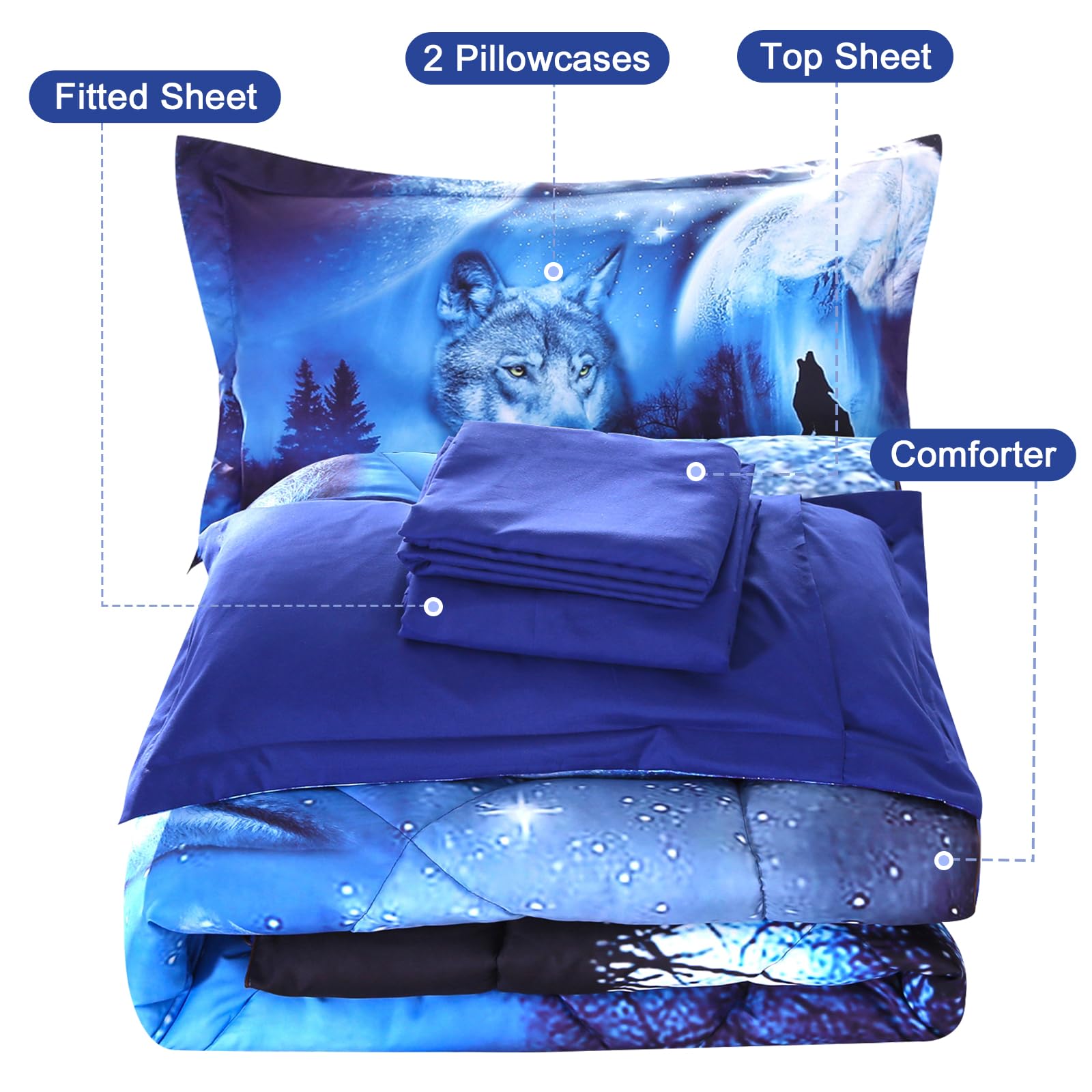 Wowelife 5-Piece Full Size Wolf Bedding Set - 3D Blue Kids Comforter with Breathable Comforter, Flat Sheet, Fitted Sheet & 2 Pillowcases | Perfect for Boys' Room, Teen Bedroom & Wildlife Themed Decor