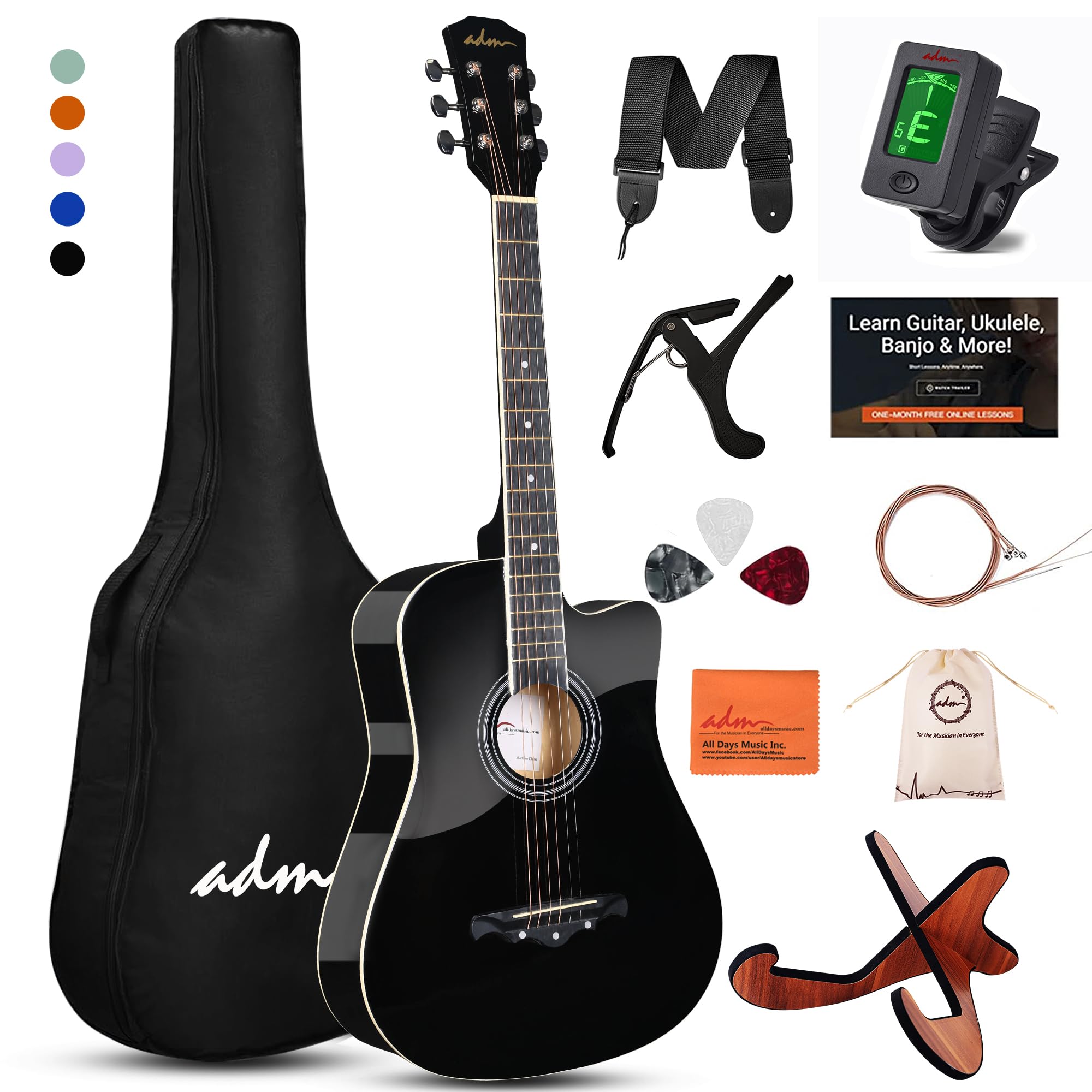 ADM 38-Inch Cutaway Acoustic Guitar Starter Kit for Beginners & Adults - Full Size Wood Guitar with Gig Bag, Strap, Steel Strings, Picks, Capo & Stand (Black) | Perfect for Home Practice, Music Lessons & Campfire Performances