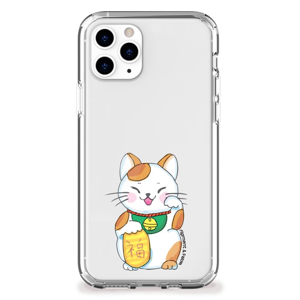 Figment & Fable Clear TPU Phone Case for iPhone 15 Pro Max 14 13 12 Mini 11 SE 6 7 8 Plus - Lucky Maneki Neko Fortune Cat Design | Slim Protective Cover for Daily Use & Gifting