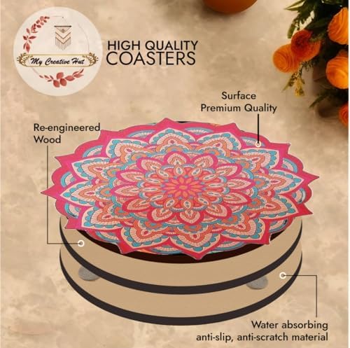 My Creative Hut Set of 6 Tea Coasters with Stand - Beautiful Mandala Design for Tea Cups, Coffee Mugs & Glasses - Perfect for Home Decor, Office Use & Diwali Gifts (Red)