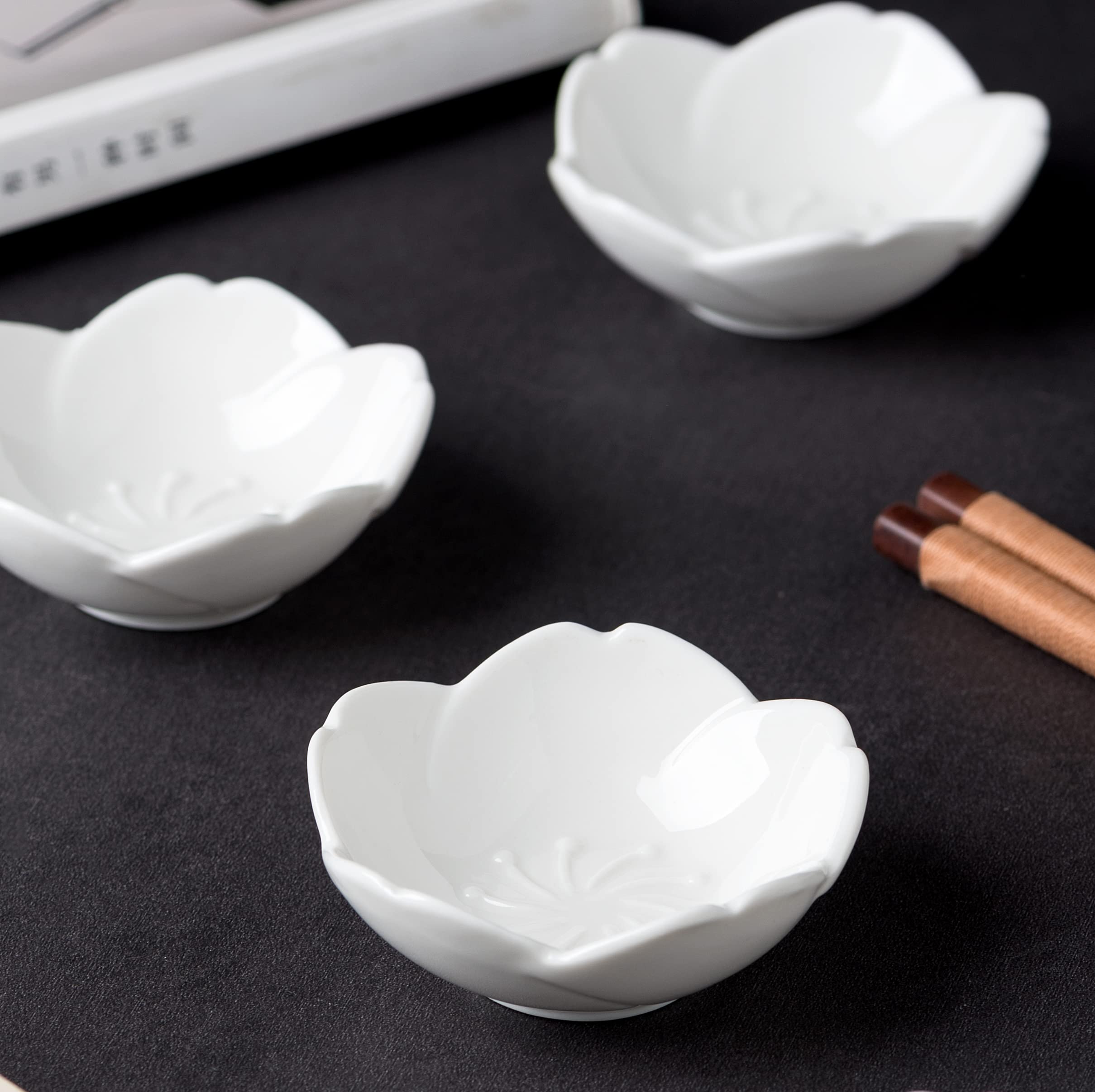 Jusalpha 4-Piece White Ceramic Sauce Bowls Set - Cherry Blossom Design Sushi Soy Sauce Dipping Dishes, Seasoning Bowls, Dessert Plates for Home Kitchen, Party Serving & Appetizer Display - Perfect for Japanese Cuisine, Tea Time & Entertaining Guests