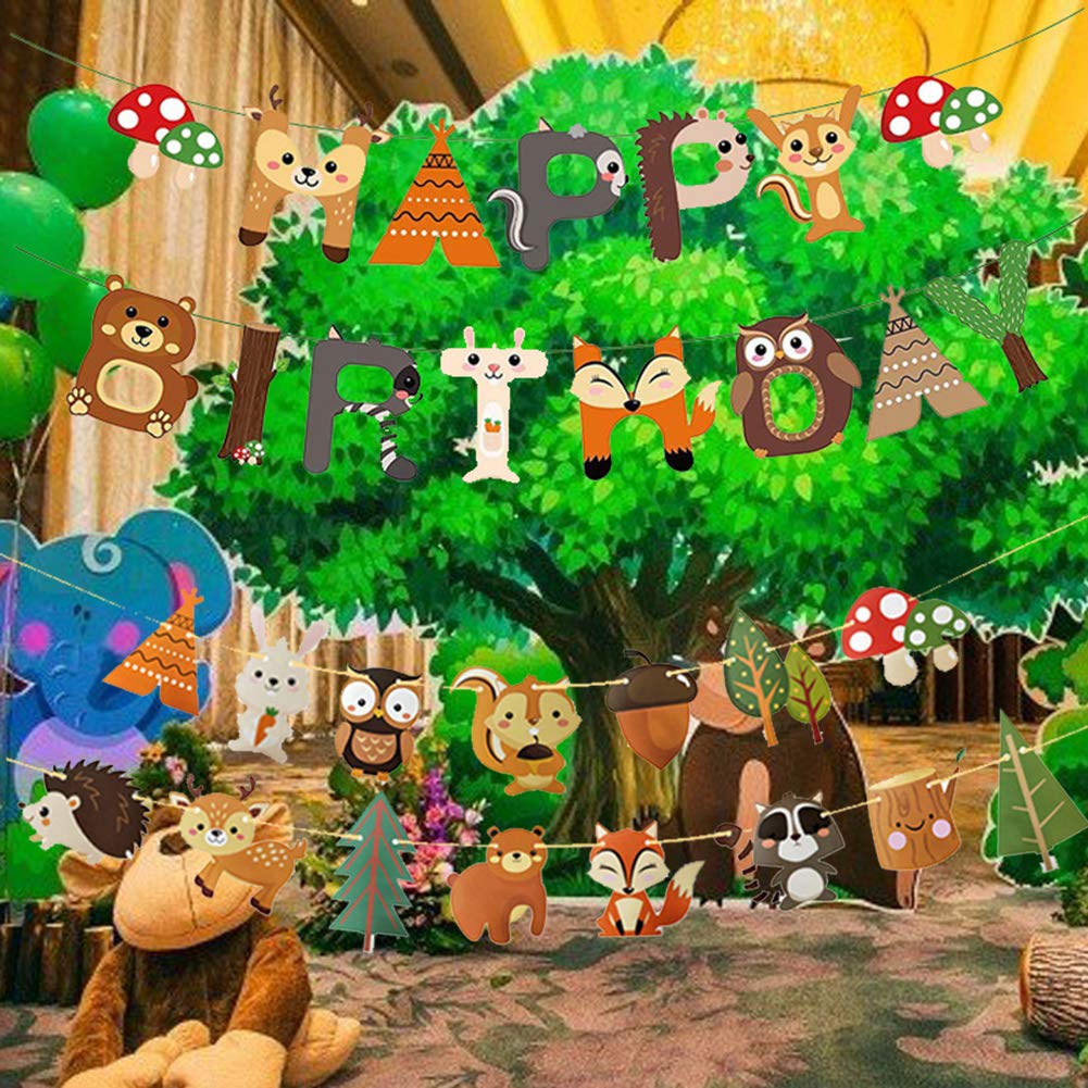 Woodland Birthday Party Decorations - Forest Animal Bunting Garland & Happy Birthday Banner for Kids, Boys & Girls - Perfect for Woodland Themed Parties, Baby Showers & Nursery Decor