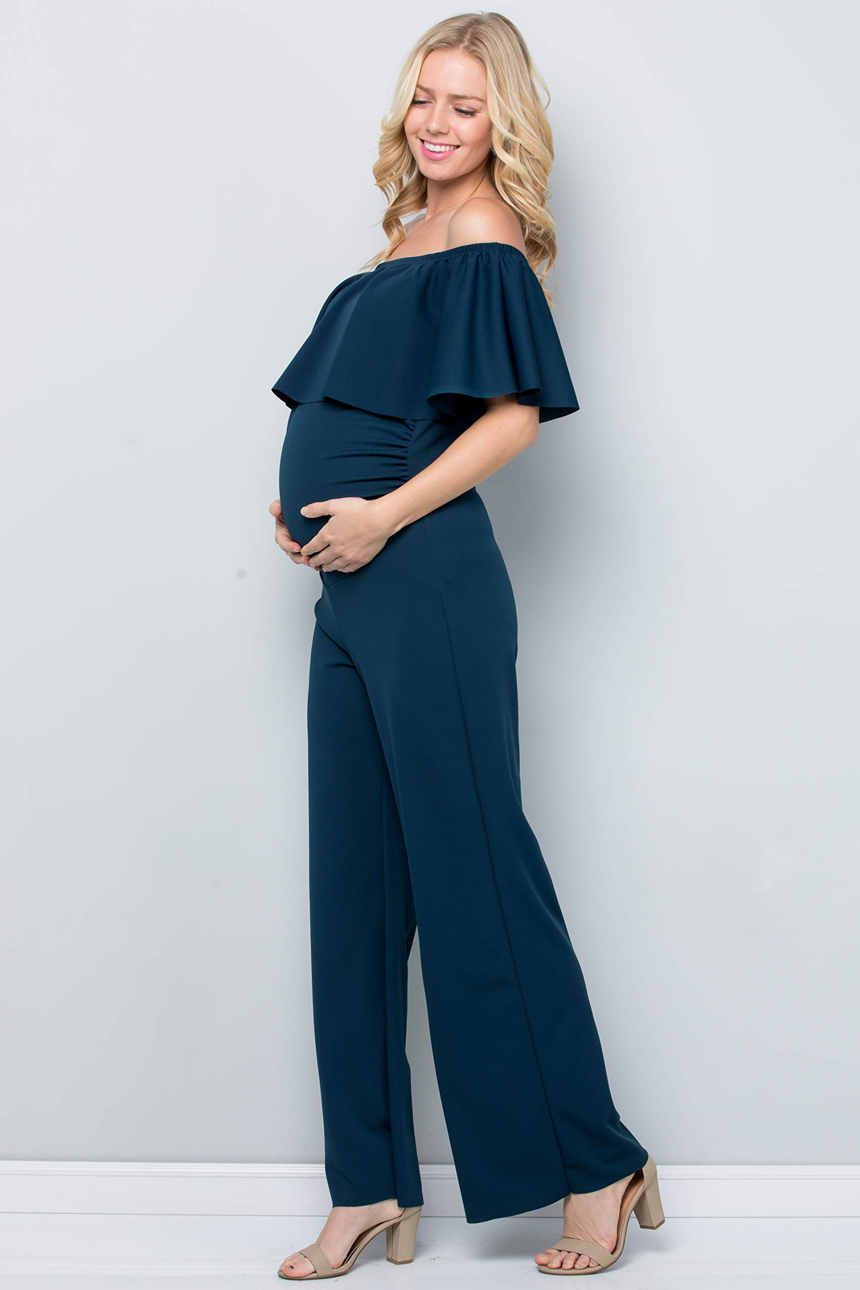 My Bump Maternity Ruffle Off Shoulder Jumpsuit - Made in USA | Comfortable Pregnancy Outfit for Baby Shower, Maternity Photos & Special Occasions