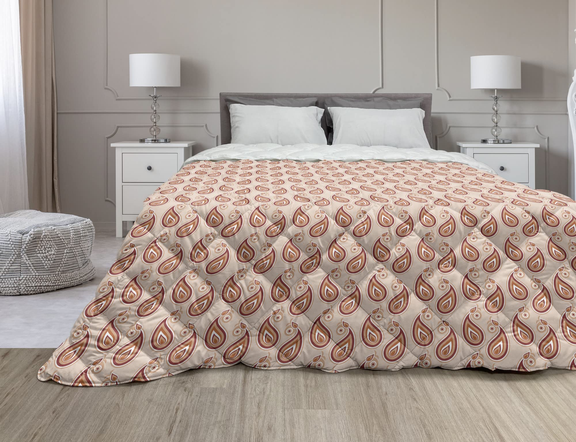 Ambesonne Paisley Down Alternative Comforter - Queen Size Microfiber Quilt with Persian Style Paisley Print in Pale Orange Peach | All Season Bedding for Cozy Home & Guest Room Decor