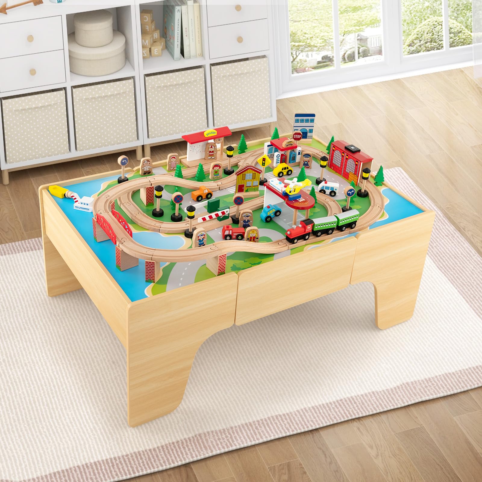 Costzon Wooden Train Table Set - 84 Pcs Kids Activity Table with Reversible Tabletop, Storage Drawer & DIY Tracks | Perfect for Boys & Girls | Great for Playrooms, Daycares & Birthday Gifts