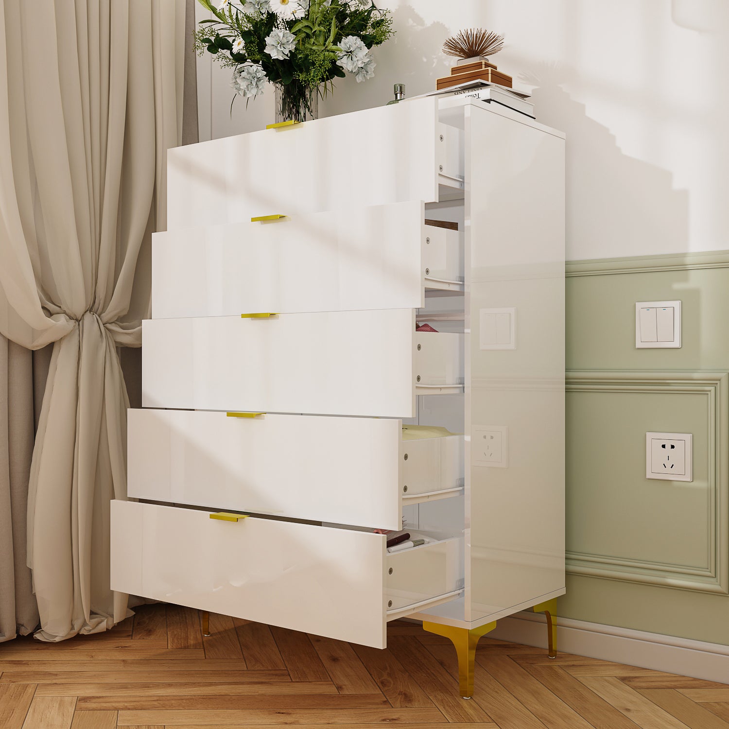 Modern 5-Drawer Dresser with High Gloss Finish - Freestanding Storage Cabinet for Bedroom, Living Room & Office Organization