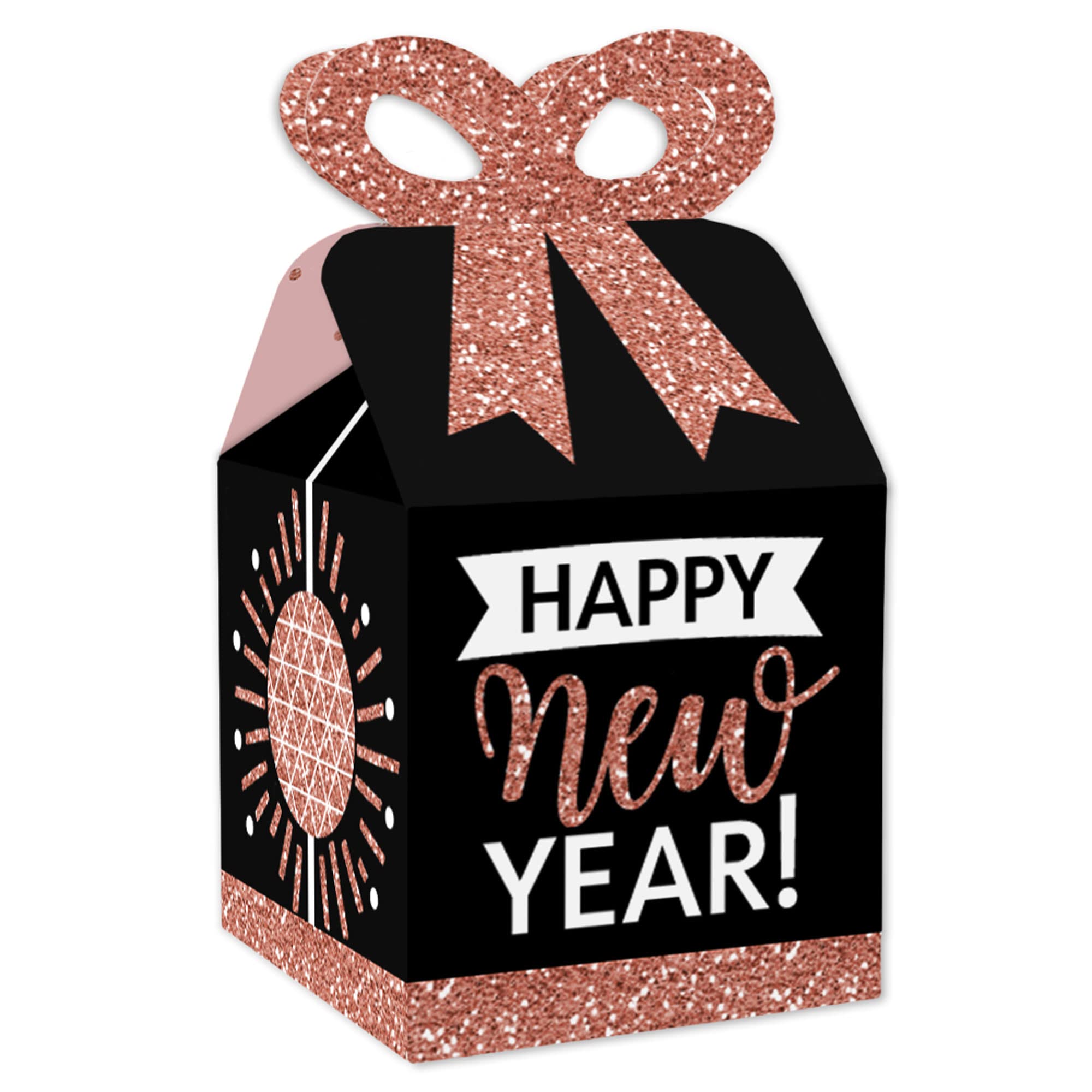 Rose Gold Happy New Year Favor Gift Boxes - Set of 12 Elegant Square Party Bow Boxes for New Year's Eve Celebrations, Wedding Favors & Special Occasions