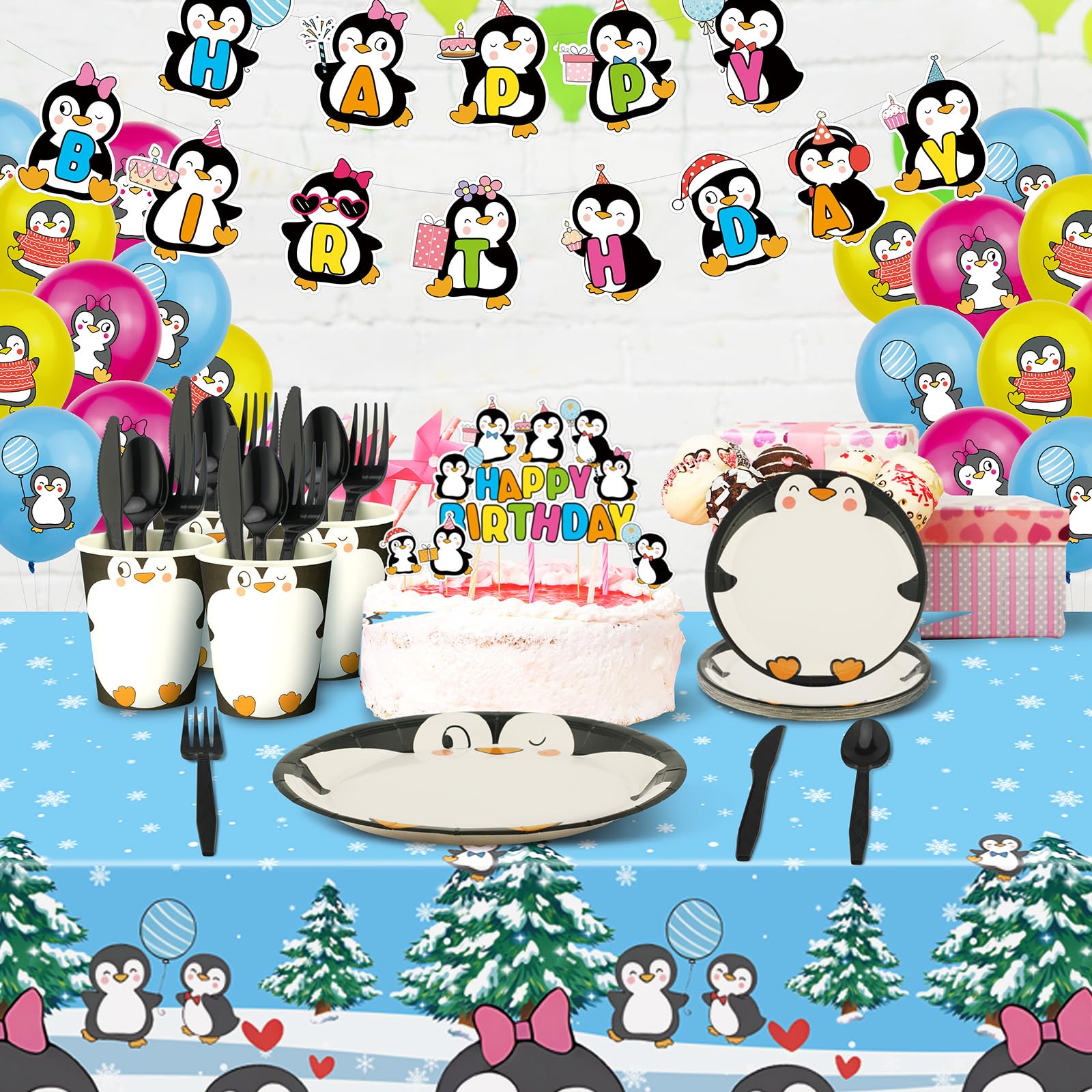 Yaomiao 133 Pcs Penguin Themed Birthday Party Decorations Set - Includes Happy Birthday Banner, Balloons, Cake Topper, Tablecloth, Plates, Cups & Cutlery for Winter Birthday Parties & Baby Showers | Perfect for Kids' Birthday Celebrations, Baby Showers & Holiday Events