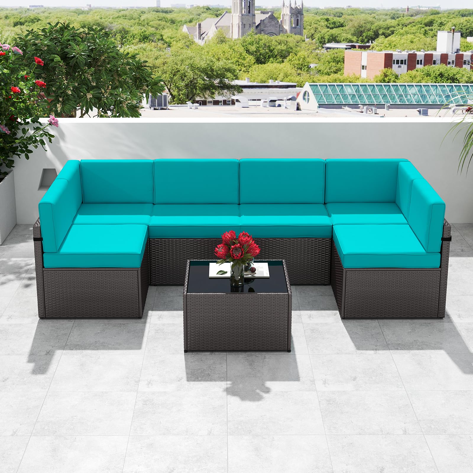JSUN7 7-Piece Outdoor Patio Furniture Set - PE Rattan Sectional Sofa with Coffee Table & Cushions, Turquoise Wicker Garden Sofa Set for Backyard, Poolside & Balcony Relaxation