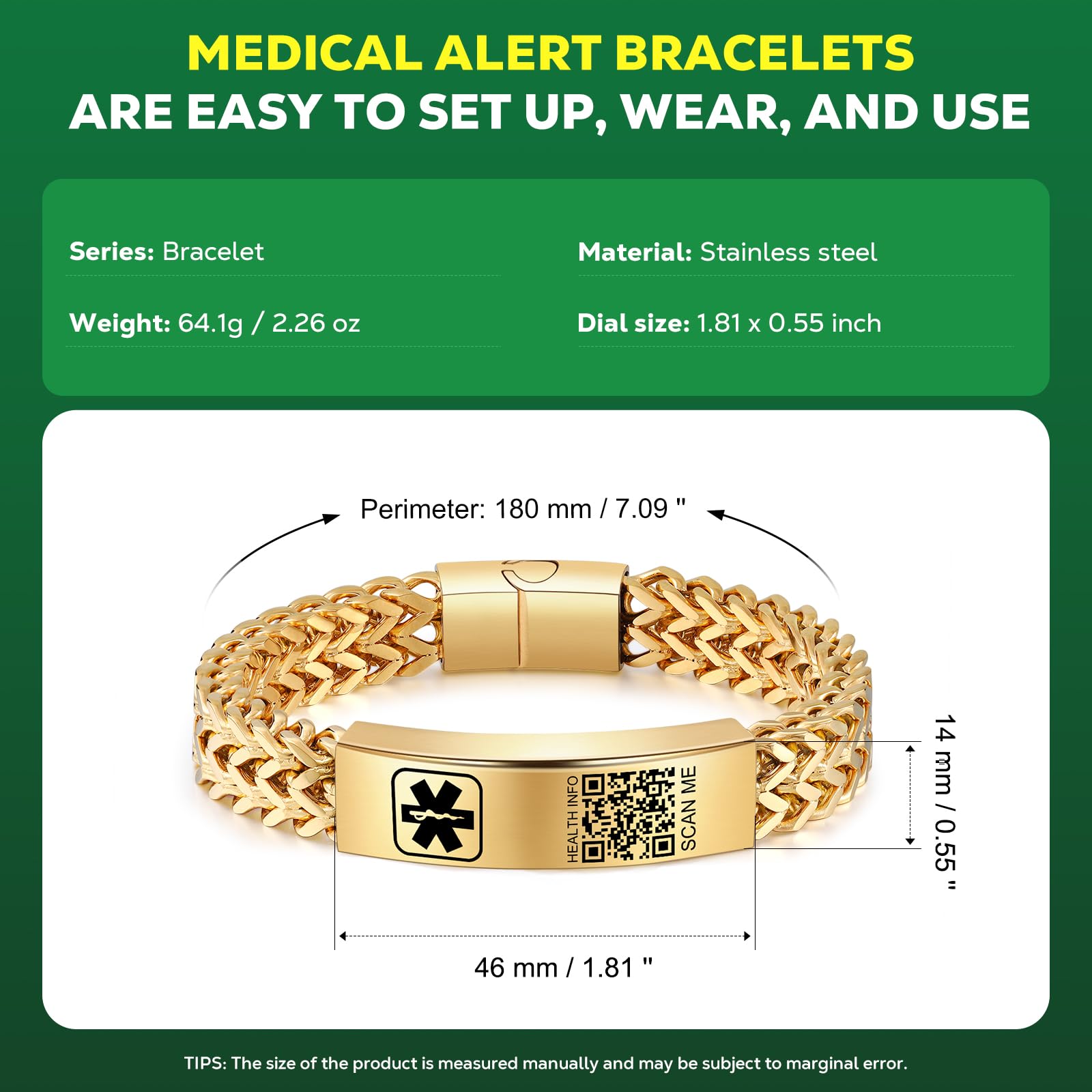 Upgraded Medical Alert Bracelet with QR Code for Women & Men - Sterling Silver Adjustable 7''-9'' - Custom Emergency Medical ID Info - Perfect for Allergies, Diabetes & Emergency Situations