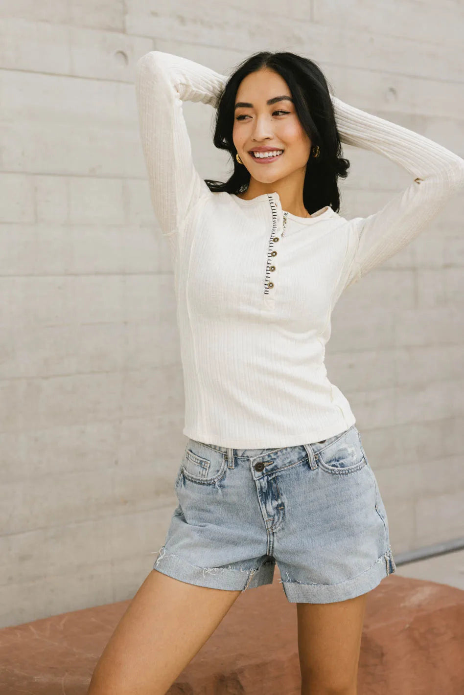 Emmilianne Ribbed Knit Top for Women - Soft Cream Stretchable Casual Shirt | Perfect for Layering, Office Wear & Everyday Outfits