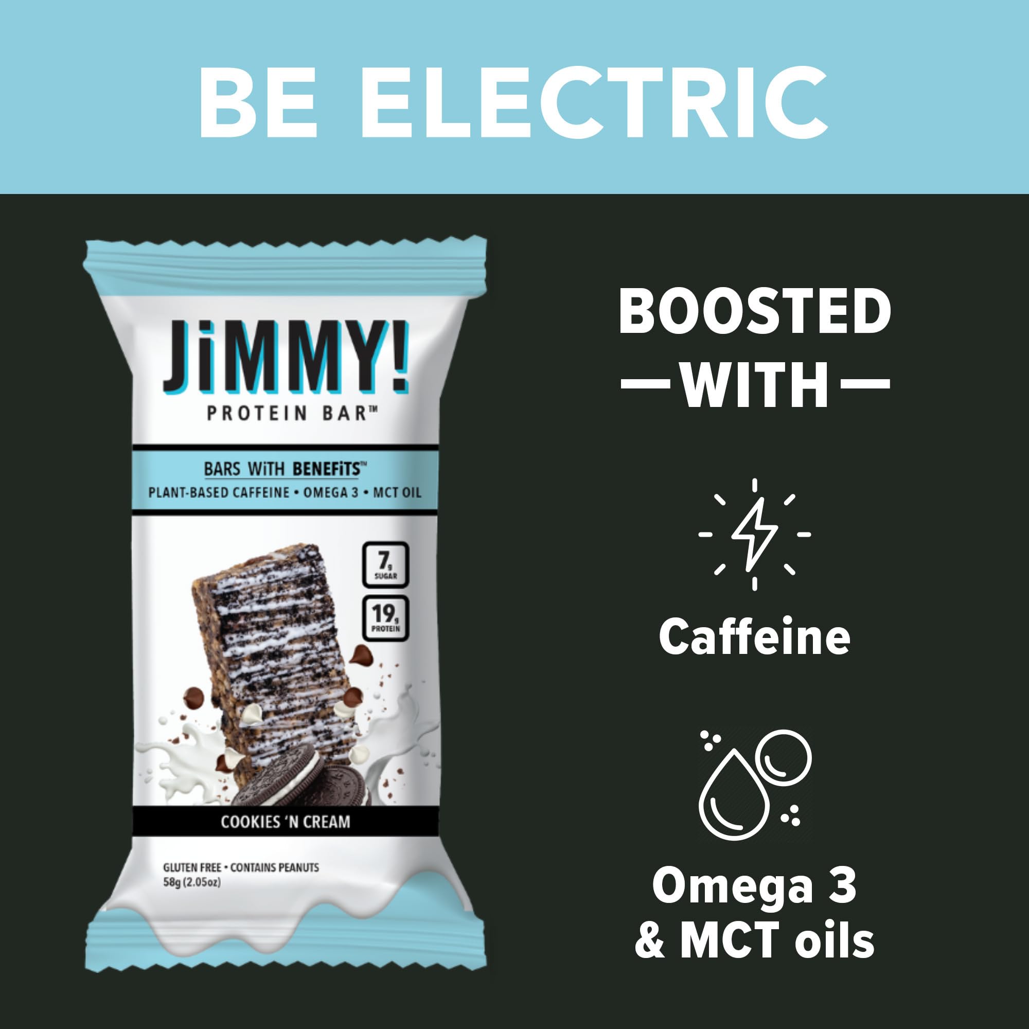Jimmy's Protein Bar Cookies and Cream - 12 Pack, 18g Protein with Caffeine, Omega-3 & MCT Oil - Low Sugar, Gluten Free, Keto Friendly Energy Snack for Workouts, Hiking & On-the-Go Nutrition