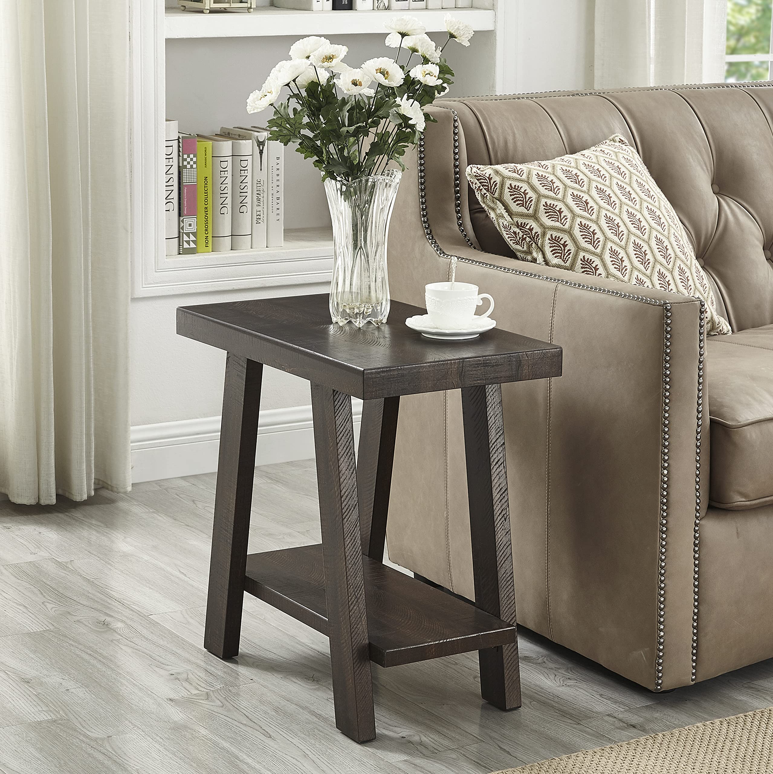 Roundhill Furniture Athens Contemporary Wood Small End Table, Weathered Espresso Finish - Modern Side Table for Living Room, Bedroom & Office Decor